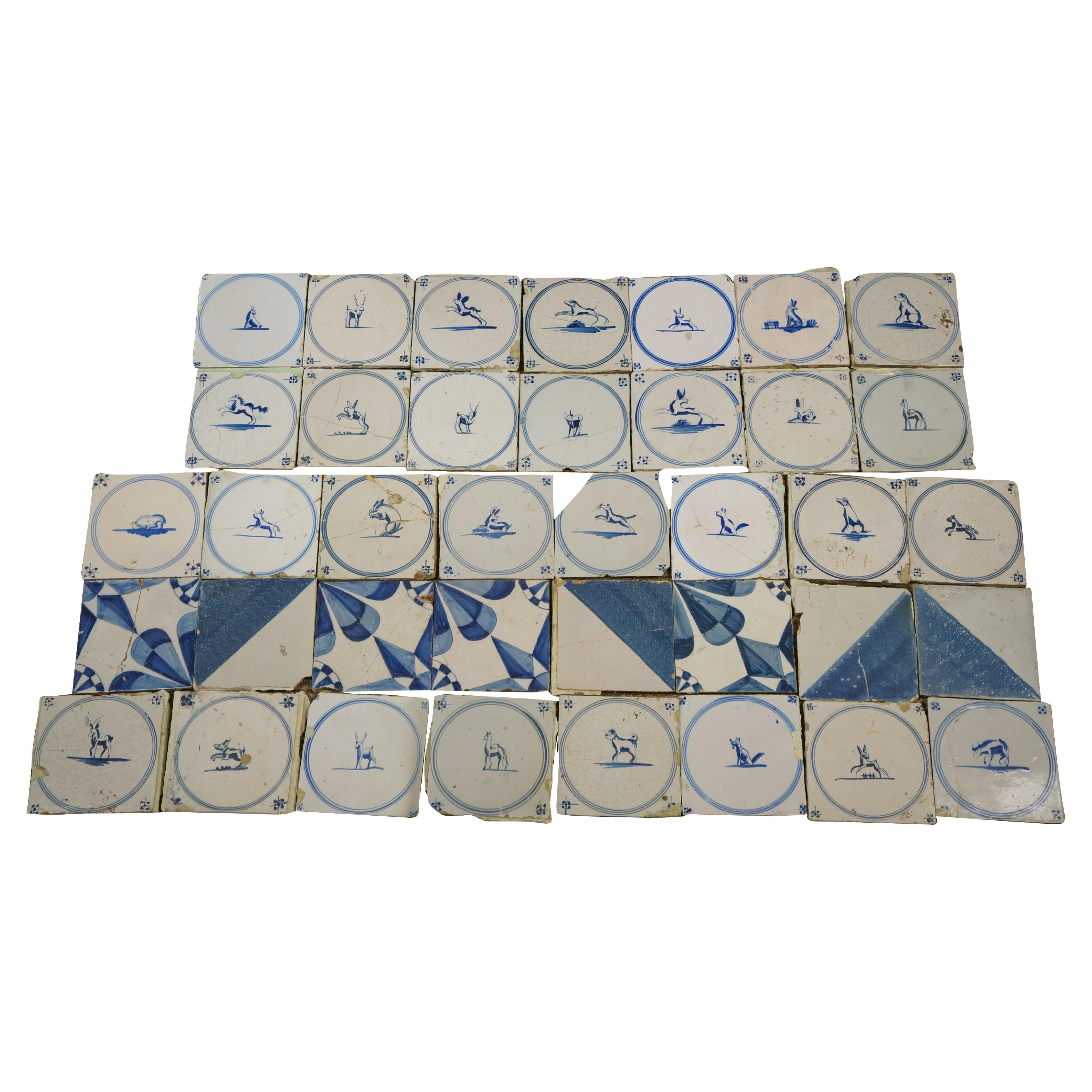 39 Antique 18th C. Dutch Delft Tiles Blue & White Star Animal Rabbit Hound Deer For Sale