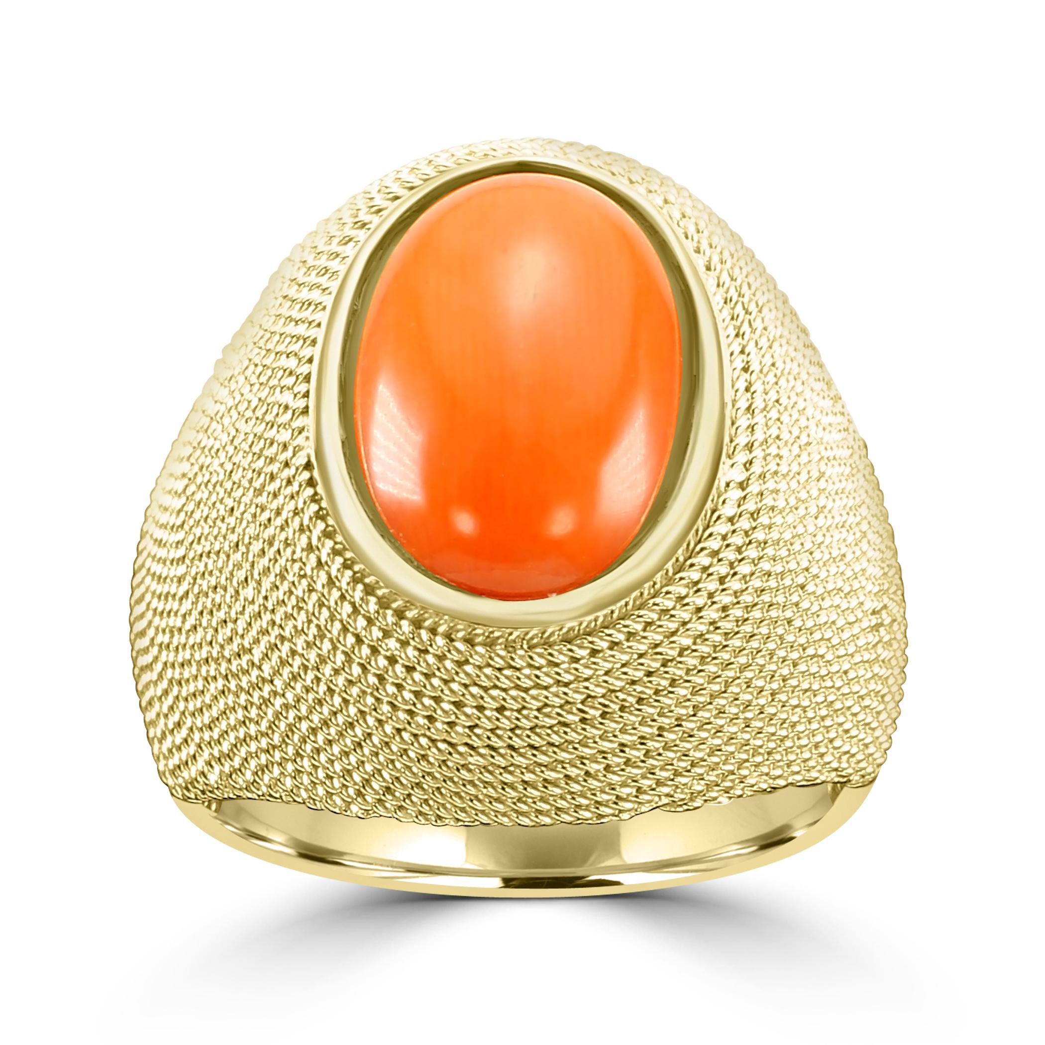 The centerpiece of this ring is Coral, This organic gemstone is a unique and timeless piece of nature's artistry, showcasing the beauty and warmth of the ocean. 

The natural coral in this ring is a Cabochon which is approximately 3.9 carats in