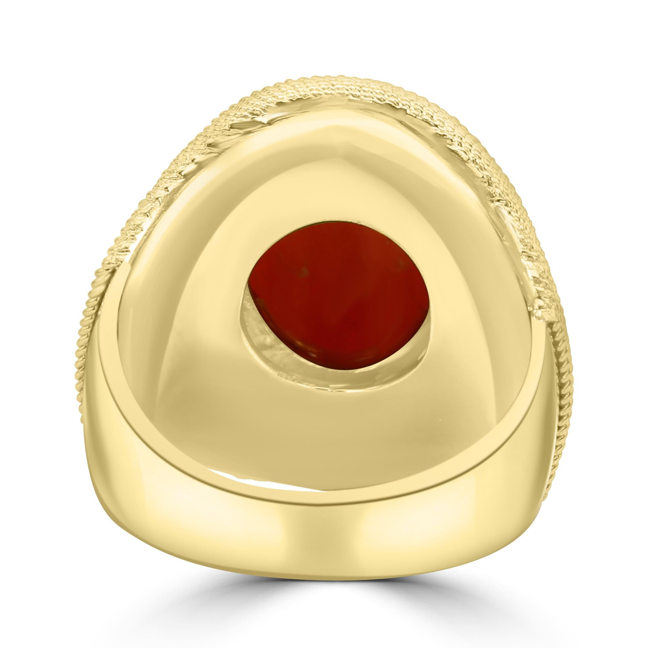 3.9 Cabochon Oval Coral 18 Karat Yellow Gold Bezel-Set Woven-Look Fashion Ring For Sale 2