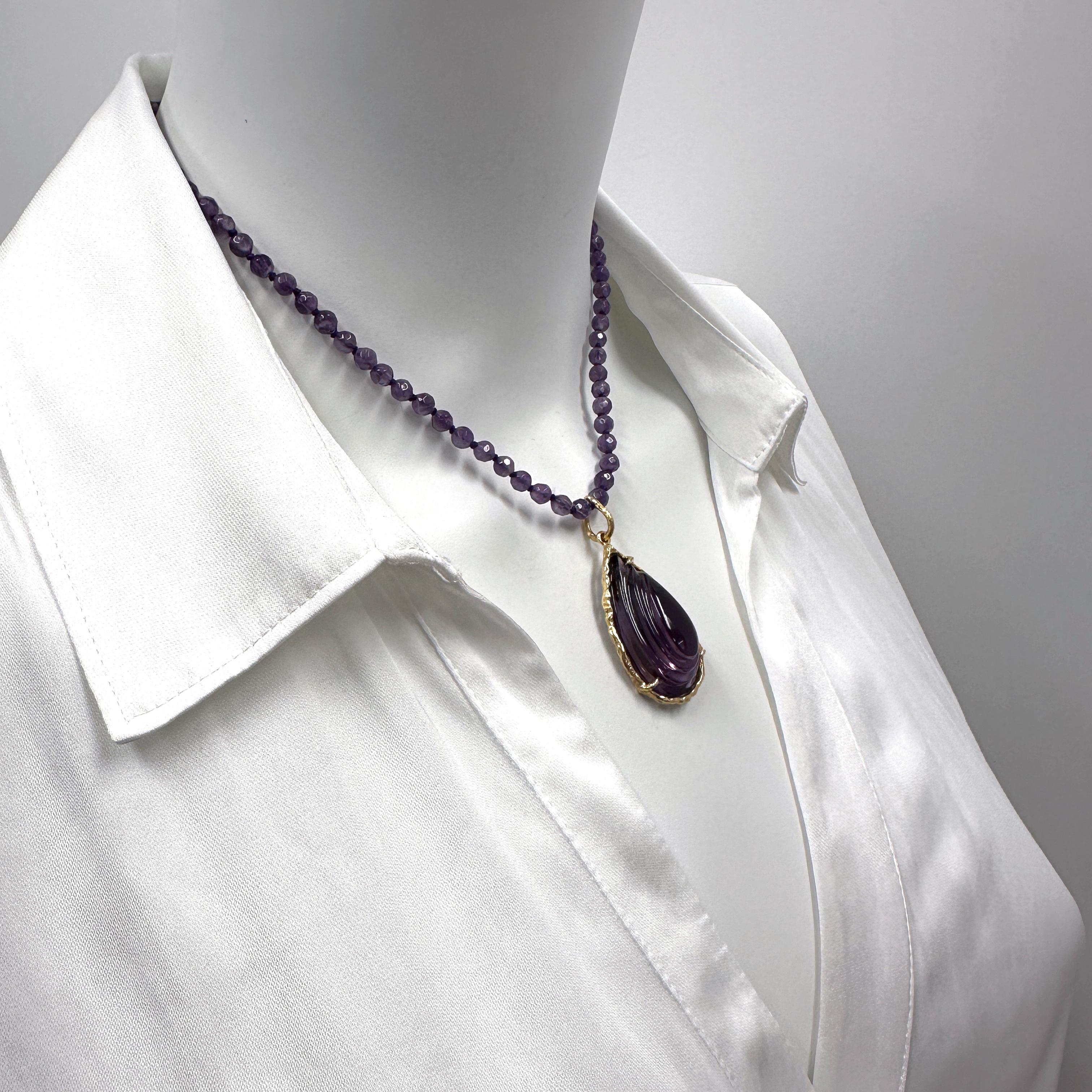 Women's or Men's 39 Carat Carved Amethyst Pendant in 18K Gold on Convertible Amethyst Bead Chain For Sale