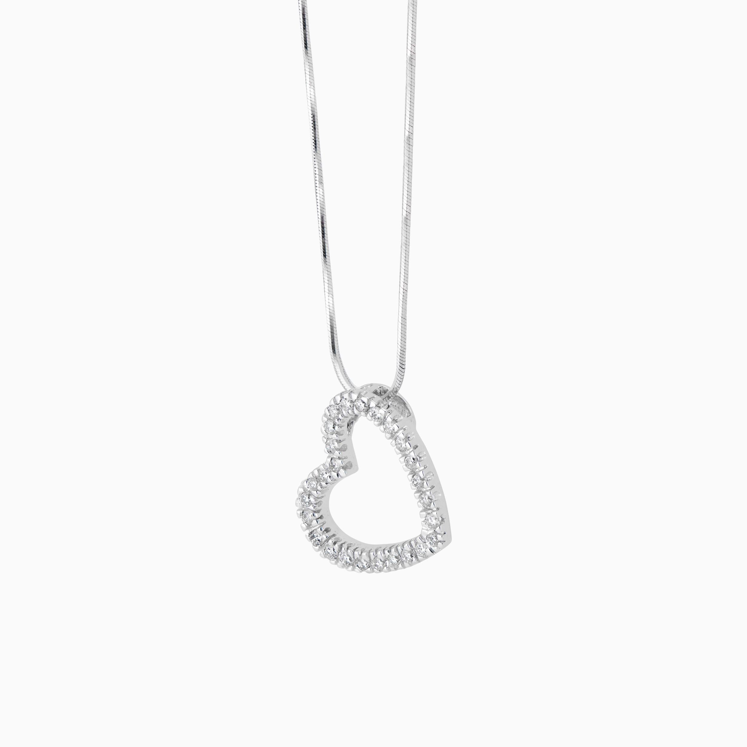 Open-heart pendant necklace set with bright full cut diamonds on a white gold 16 inch square snake chain with lobster catch.

26 round brilliant cut diamonds, I SI approx. .39cts
14k white gold
Stamped: 14k
5.3 grams
Top to bottom: 18.25mm or .75