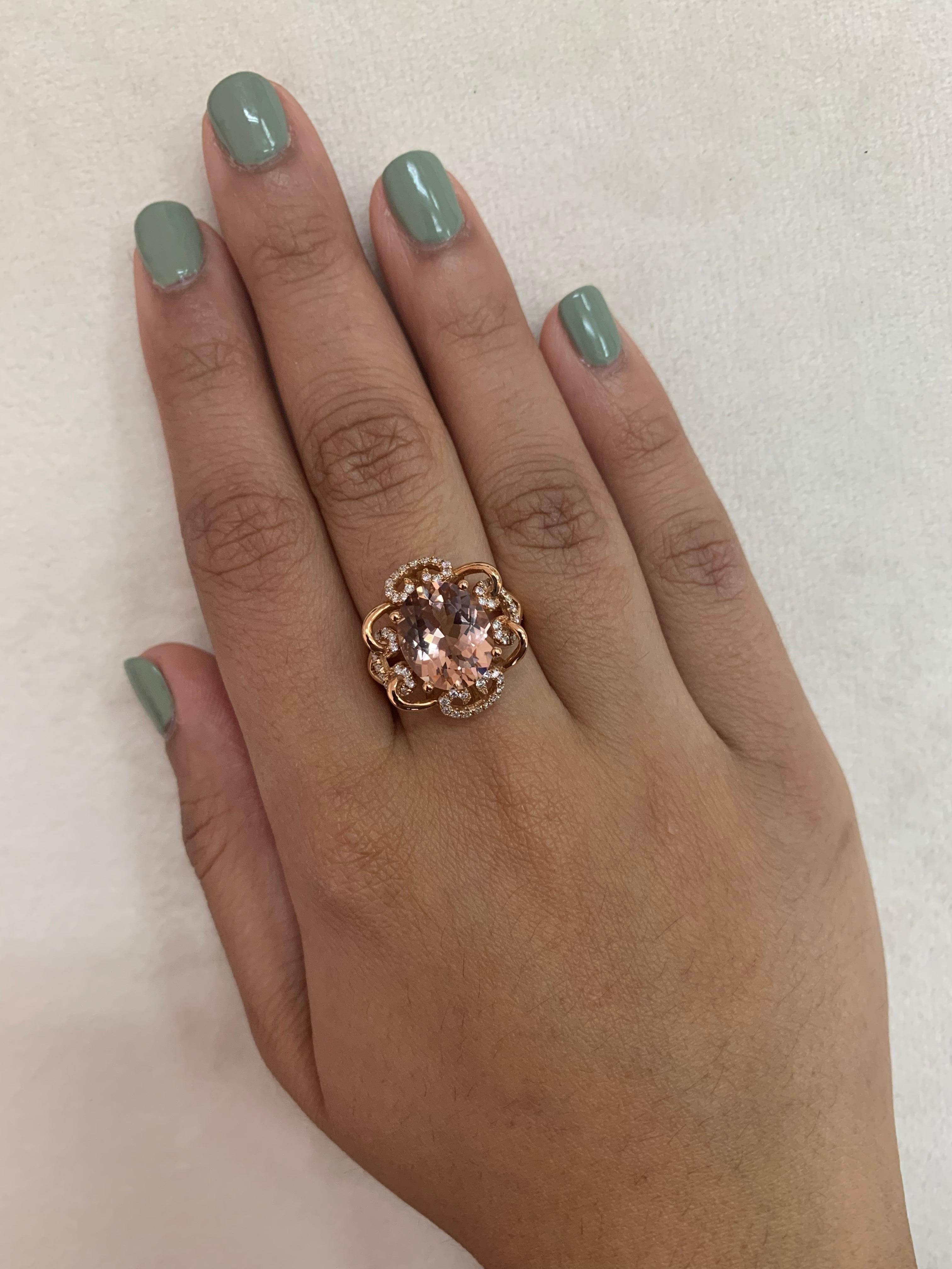 This collection features an array of magnificent morganites! Accented with diamonds these rings are made in rose gold and present a classic yet elegant look. 

Classic morganite ring in 18K rose gold with diamonds. 

Morganite: 3.93 carat oval