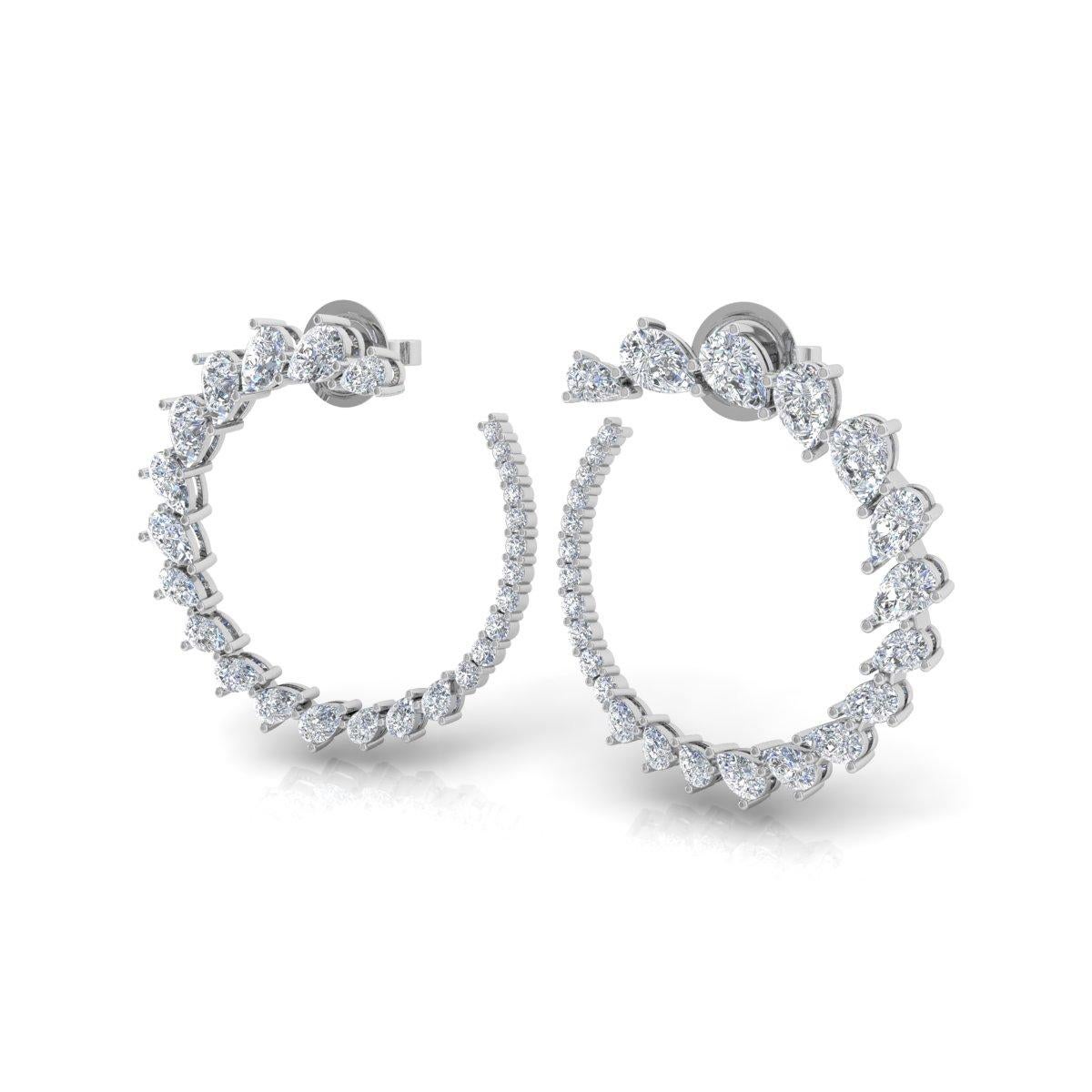 Modern 3.9 Carat Pear Diamond Crescent Moon Hoop Earrings 14k White Gold Fine Jewelry For Sale