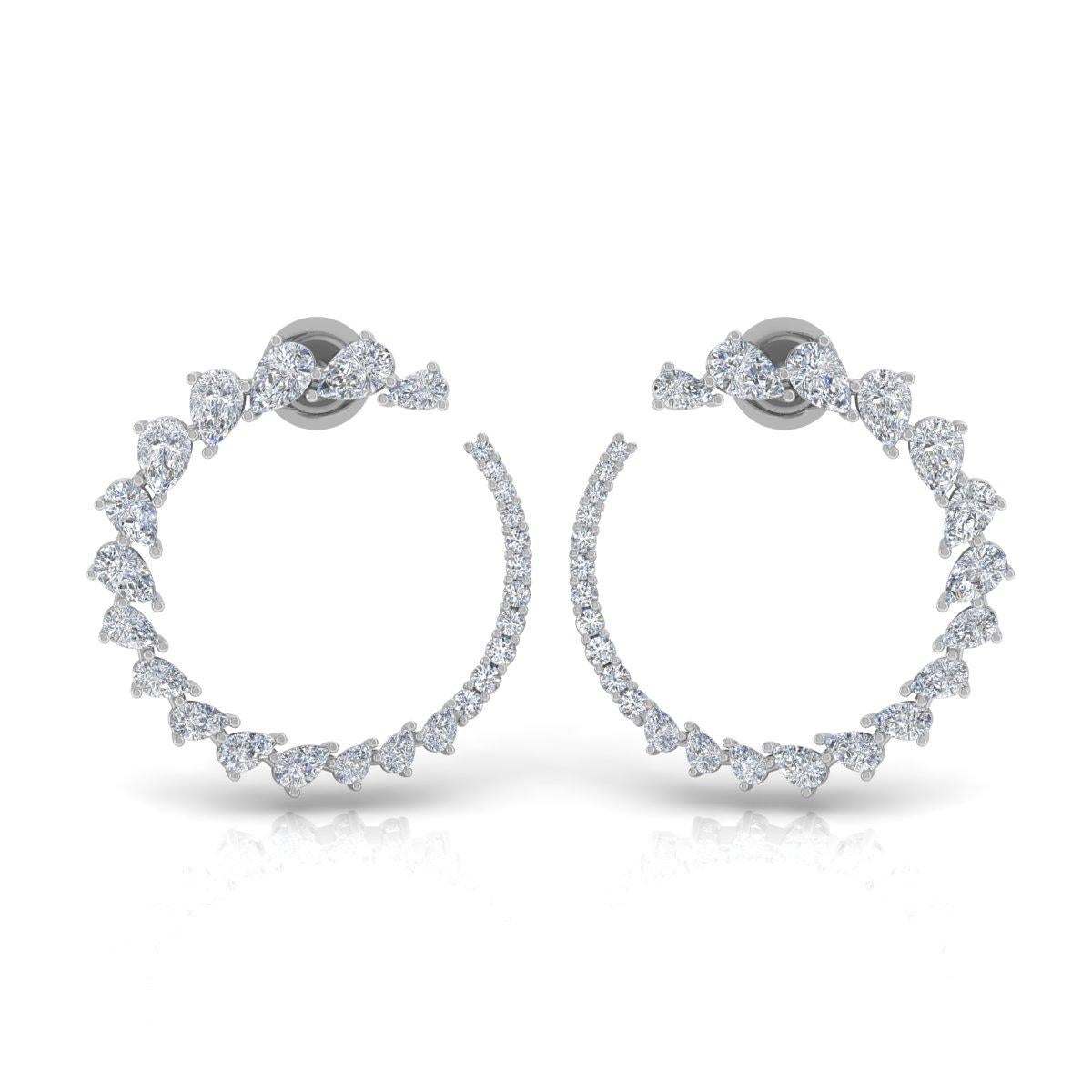 Pear Cut 3.9 Carat Pear Diamond Crescent Moon Hoop Earrings 14k White Gold Fine Jewelry For Sale