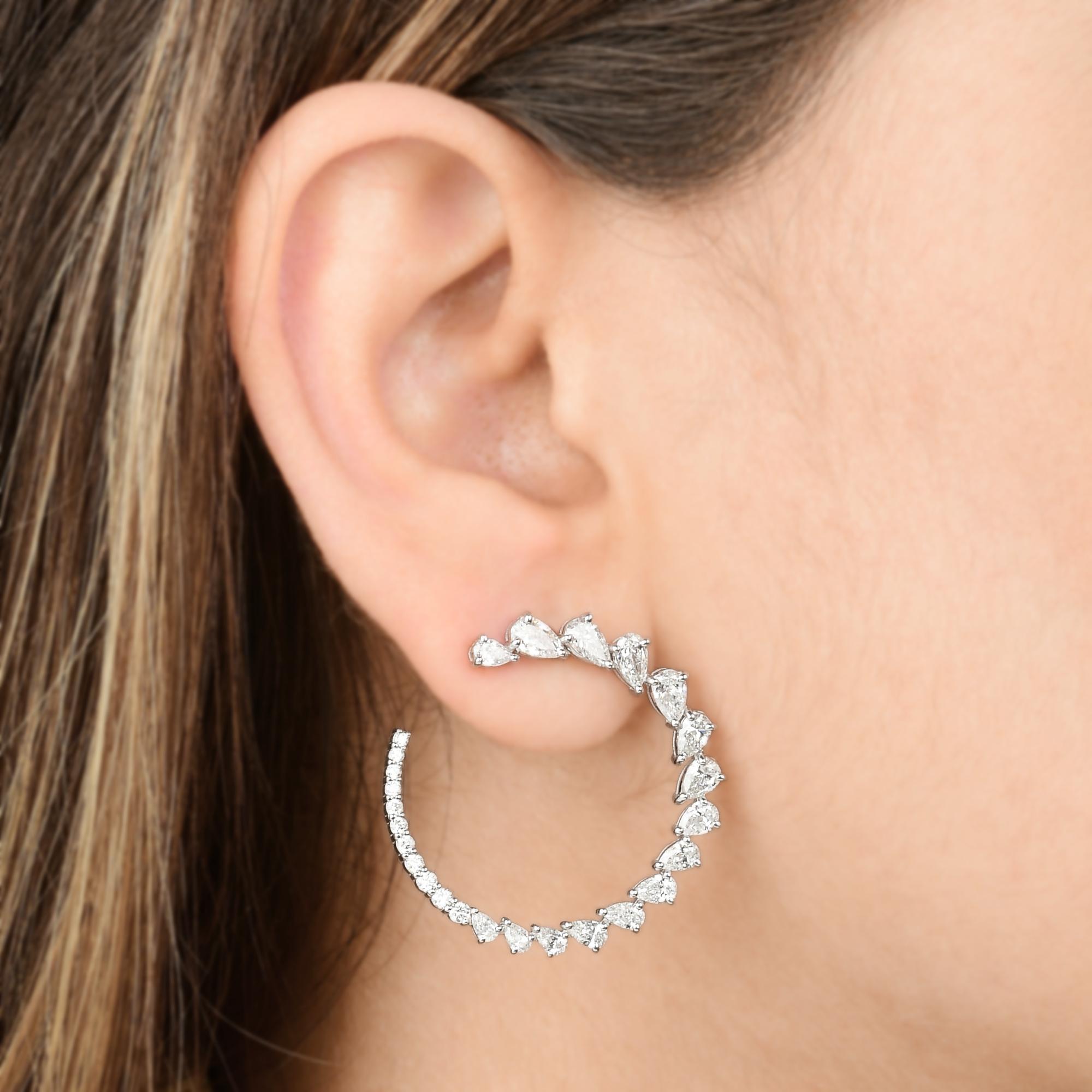 3.9 Carat Pear Diamond Crescent Moon Hoop Earrings 14k White Gold Fine Jewelry For Sale 1