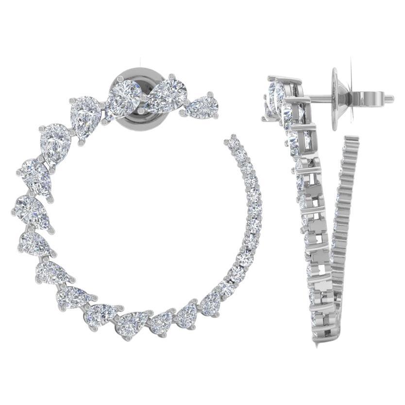 3.9 Carat Pear Diamond Crescent Moon Hoop Earrings 14k White Gold Fine Jewelry For Sale
