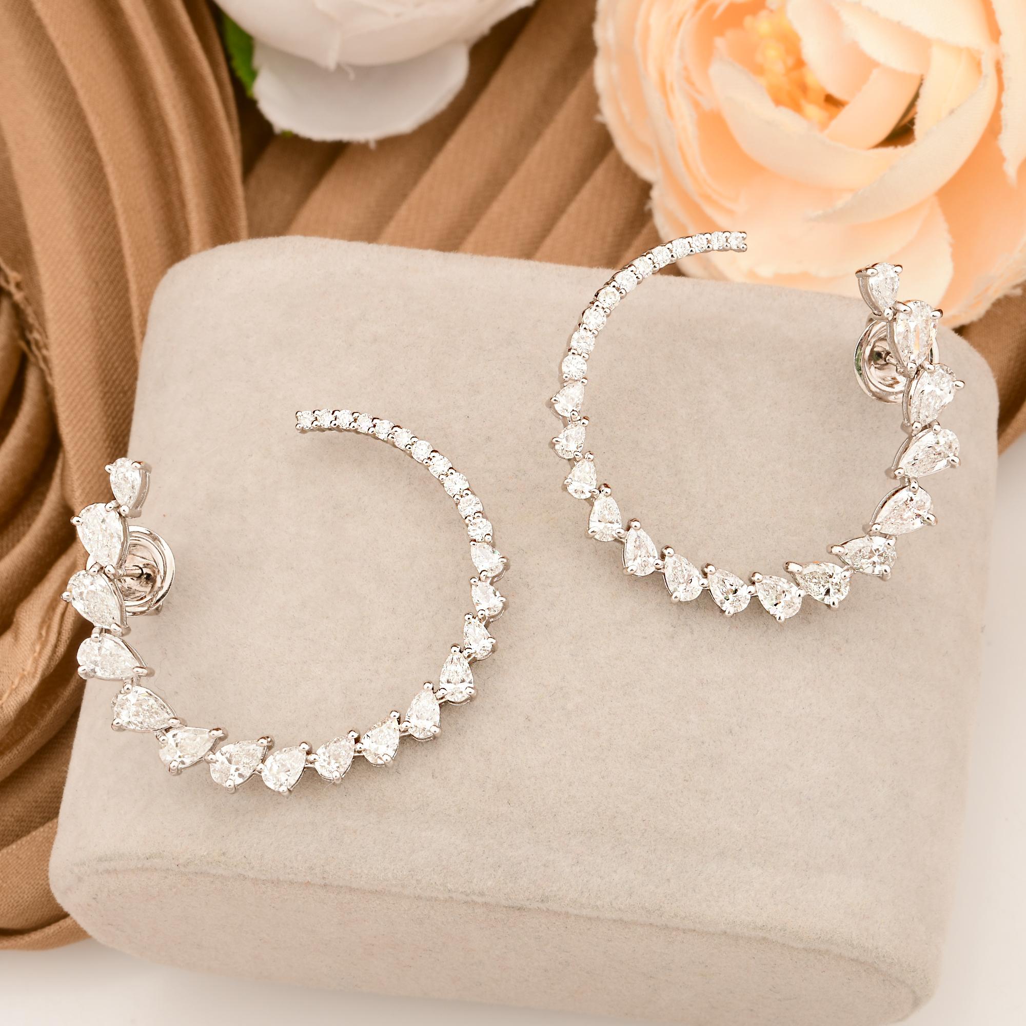 Modern 3.9 Carat Pear Diamond Crescent Moon Hoop Earrings 18k White Gold Fine Jewelry For Sale