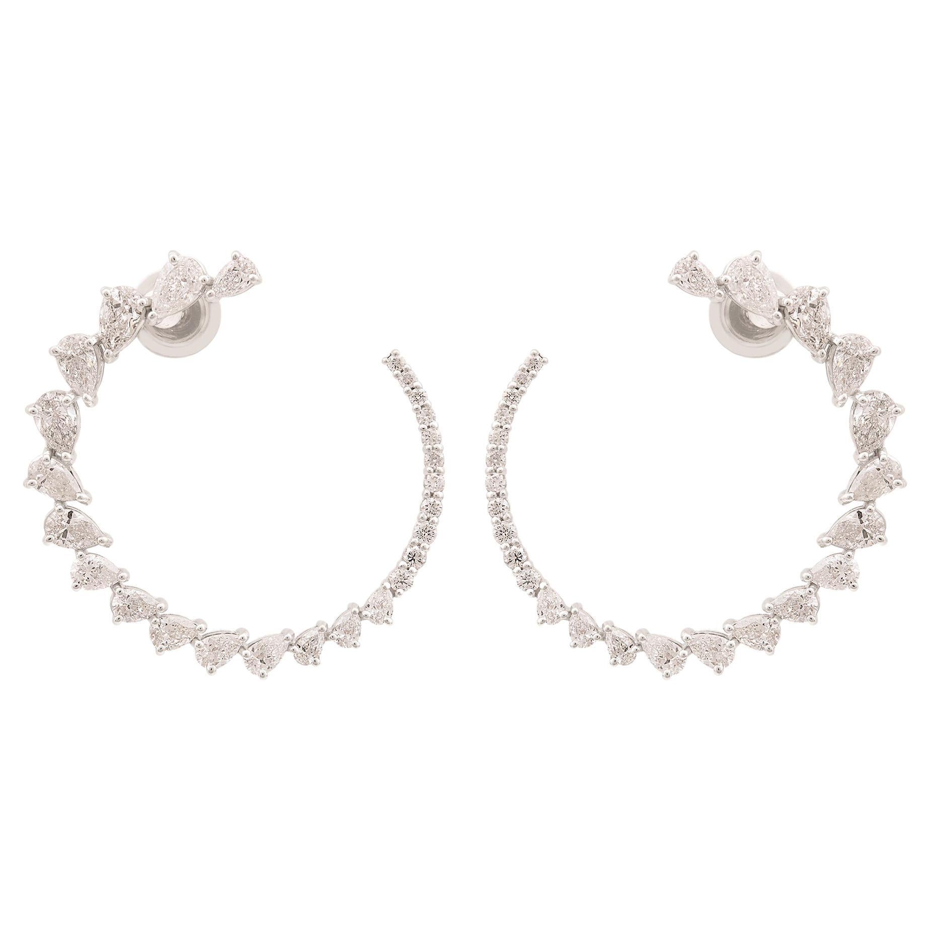 3.9 Carat Pear Diamond Crescent Moon Hoop Earrings 18k White Gold Fine Jewelry