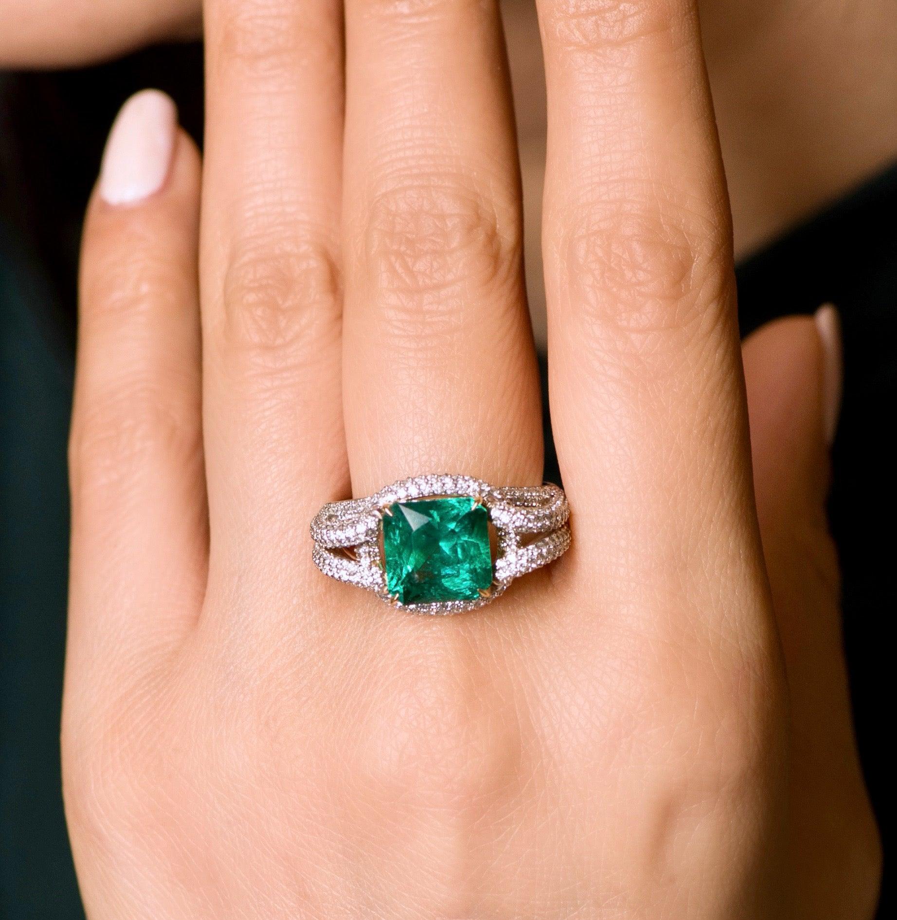For Sale:  3, 9 Carat Zambian Emerald Diamond 18 Karat White Gold Ring 7