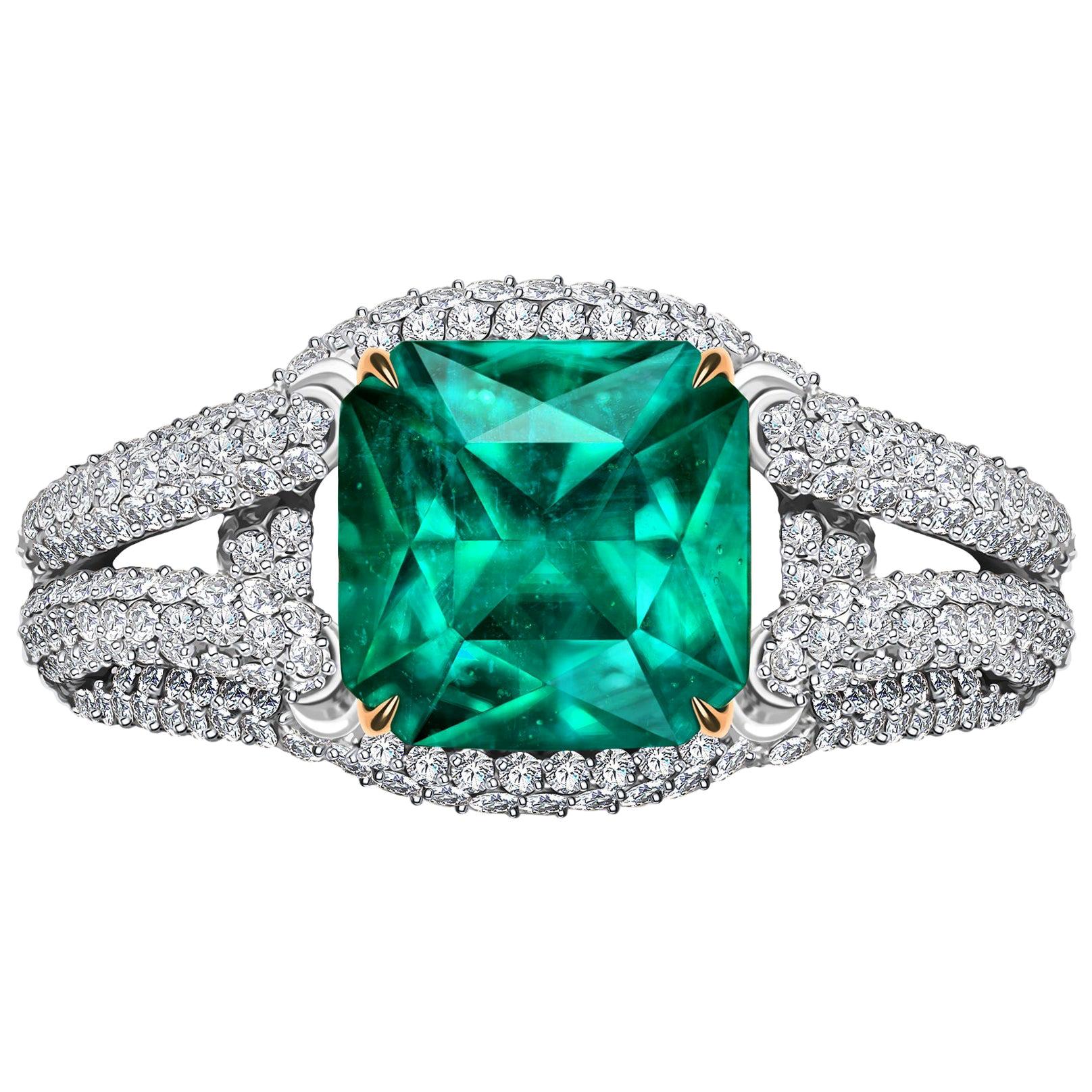 For Sale:  3, 9 Carat Zambian Emerald Diamond 18 Karat White Gold Ring