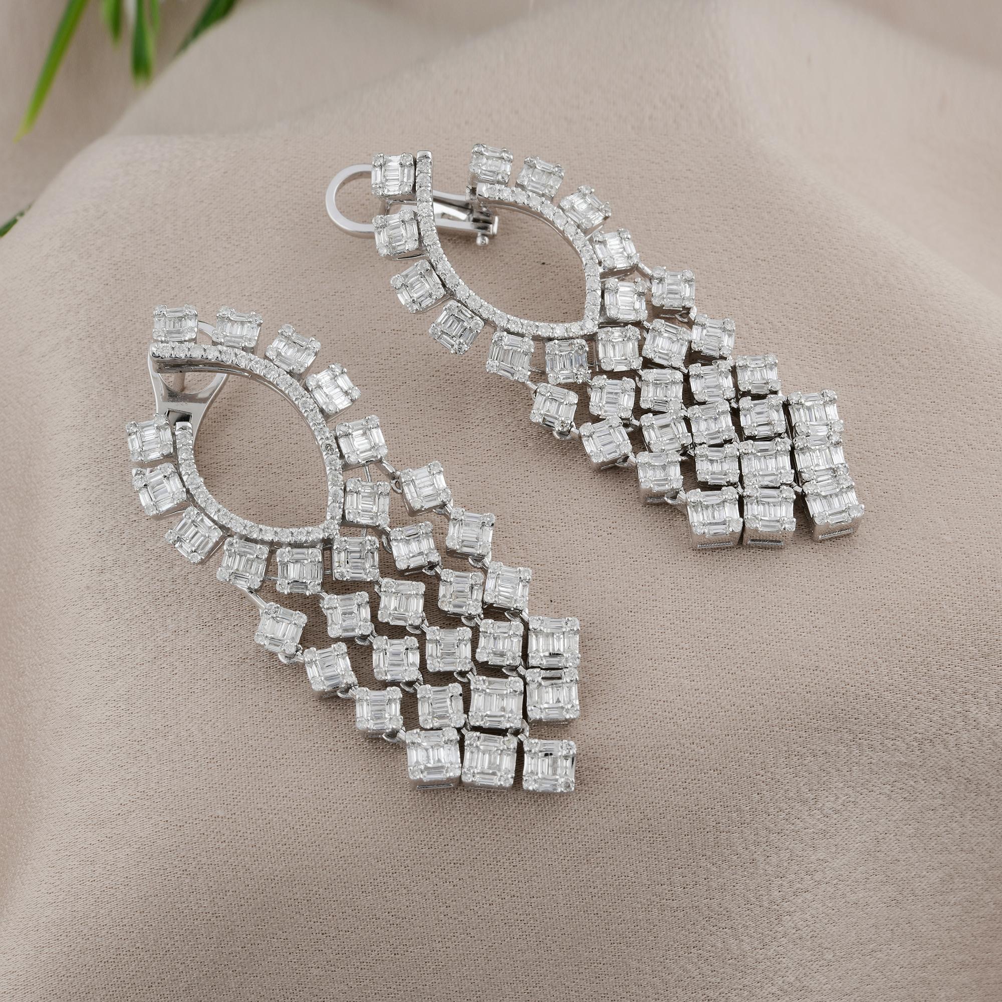 Modern 3.9 Ct Baguette Diamond Chandelier Earrings 18 Karat White Gold Handmade Jewelry For Sale
