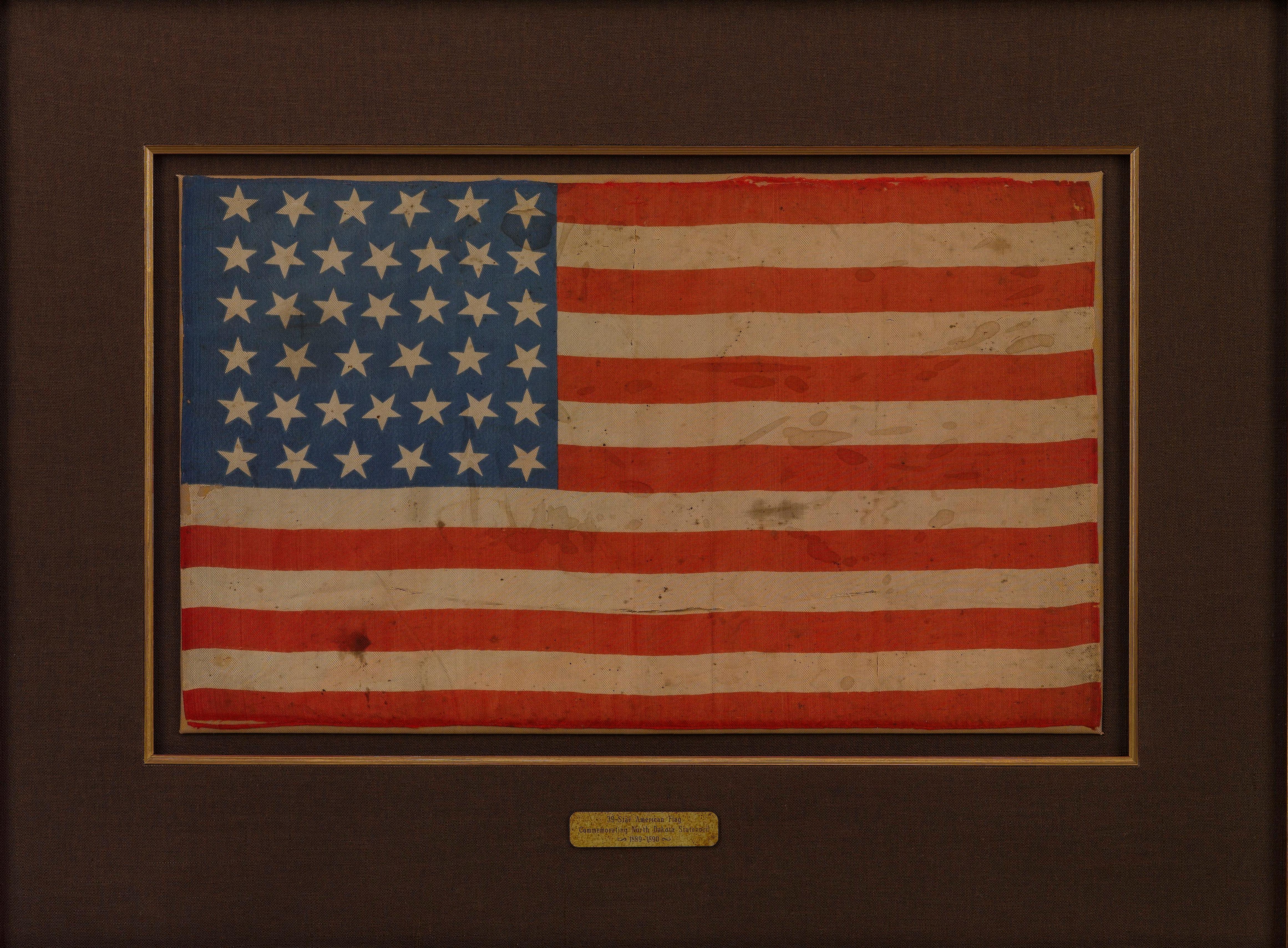 Bandera Americana Impresa de 39 Estrellas, Conmemorativa de la Independencia del Estado de Dakota del Norte, 1889-1890 en Bueno estado para la venta en Colorado Springs, CO