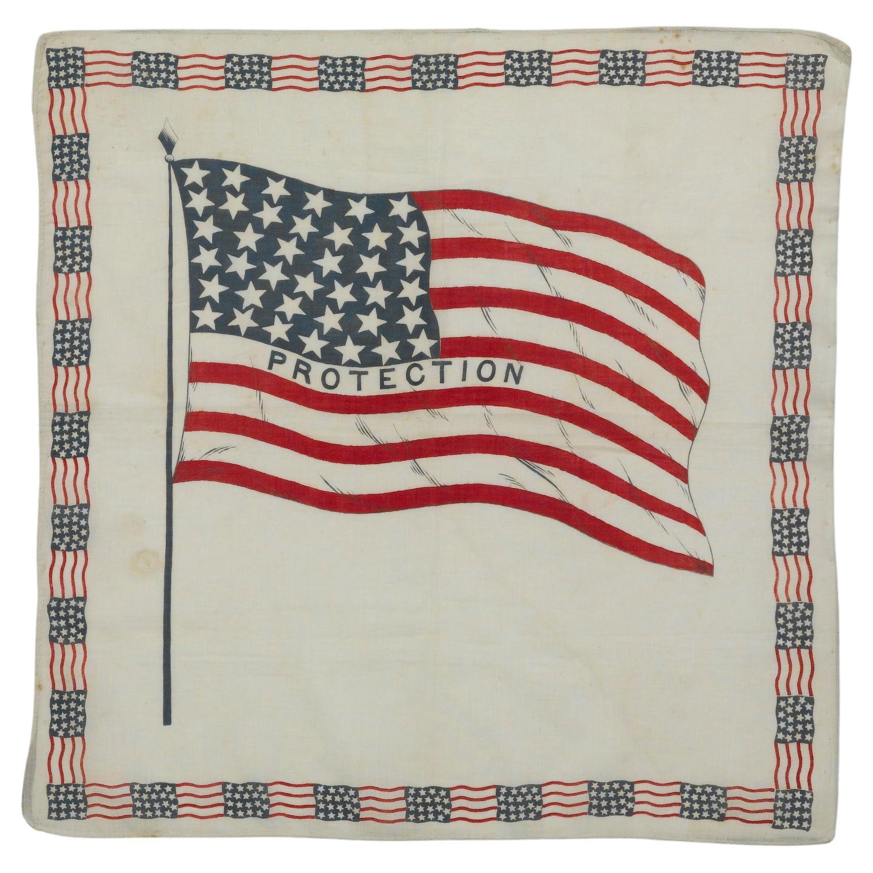 Presented is a printed linen political kerchief for Benjamin Harrison, from his 1888 Presidential campaign. The kerchief features a waving 39-star American flag at the center of a white field, with the word “Protection” printed in blue on a white