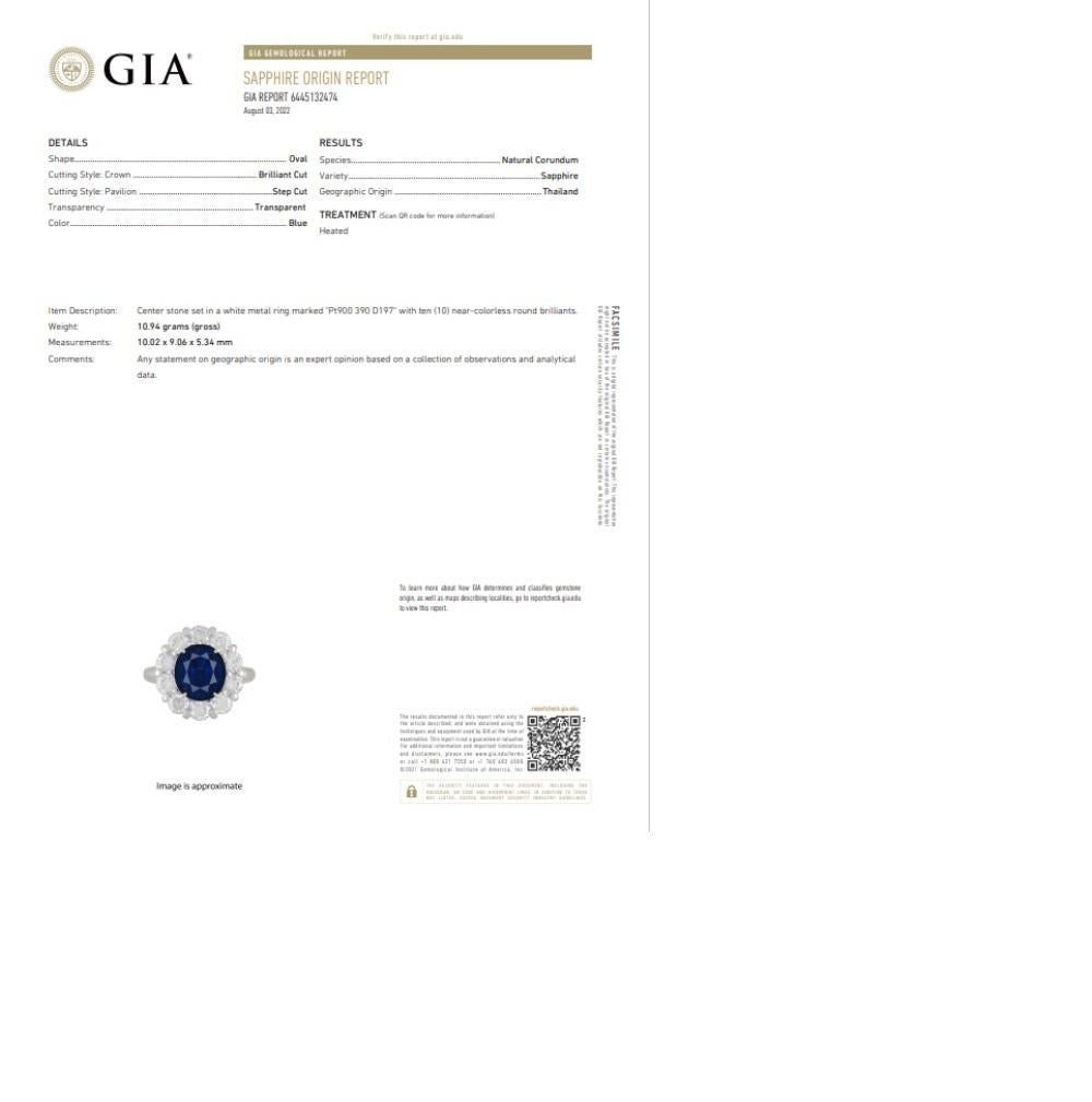 3.90 Carat Blue Sapphire Diamond Halo Platinum Ring, GIA Certified For Sale 2