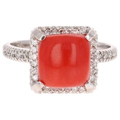 Bague fantaisie en or blanc 14 carats avec diamants et corail de 3,90 carats