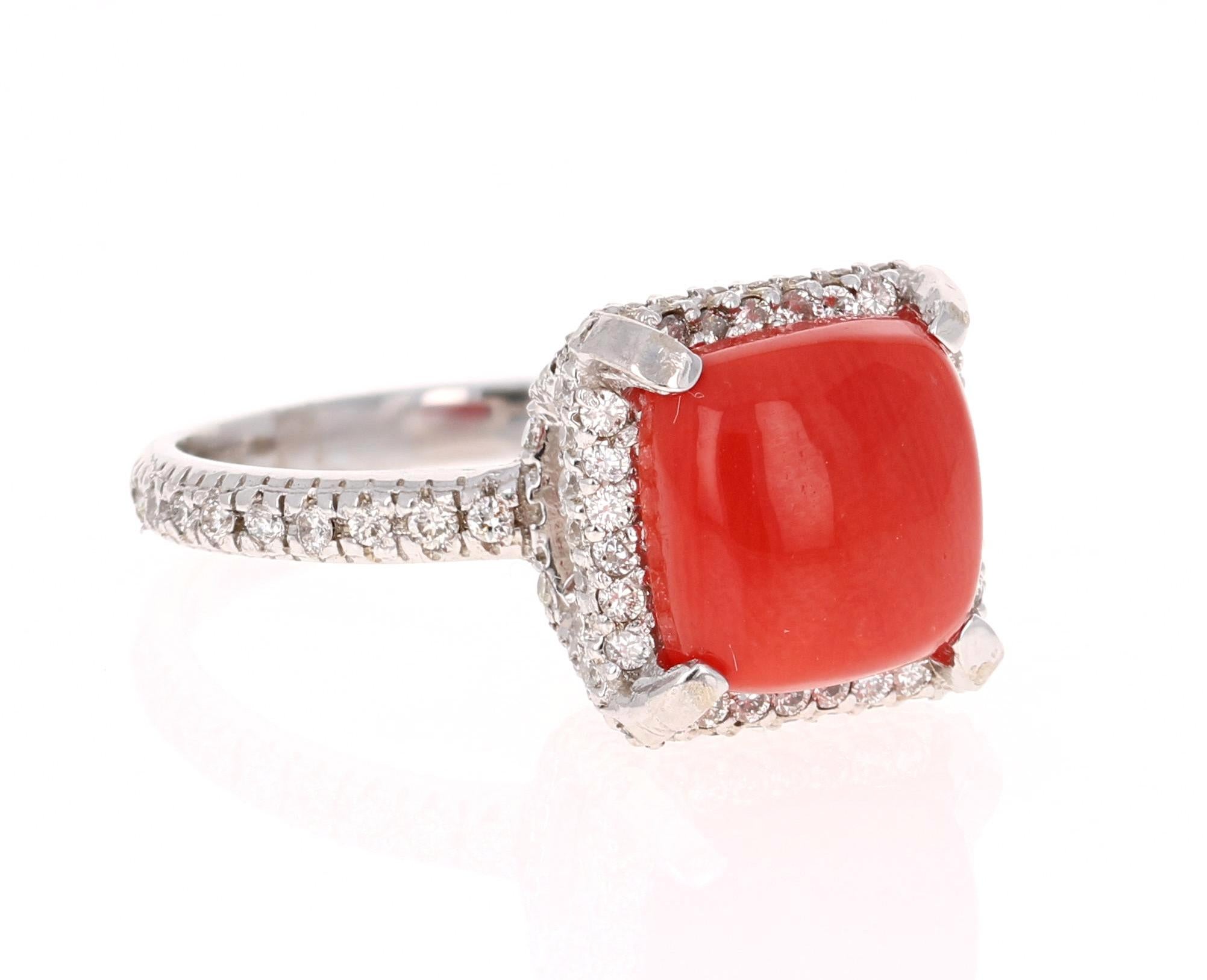 This exquisite Coral Ring is sure to be a stopper at any occasion! The Coral weighs 3.12 Carats and is adorned by 102 Round Cut White Diamonds weighing 0.78 Carats. The Total Carat Weight of this beauty is 3.90 Carats. 
It is crafted in 14K White