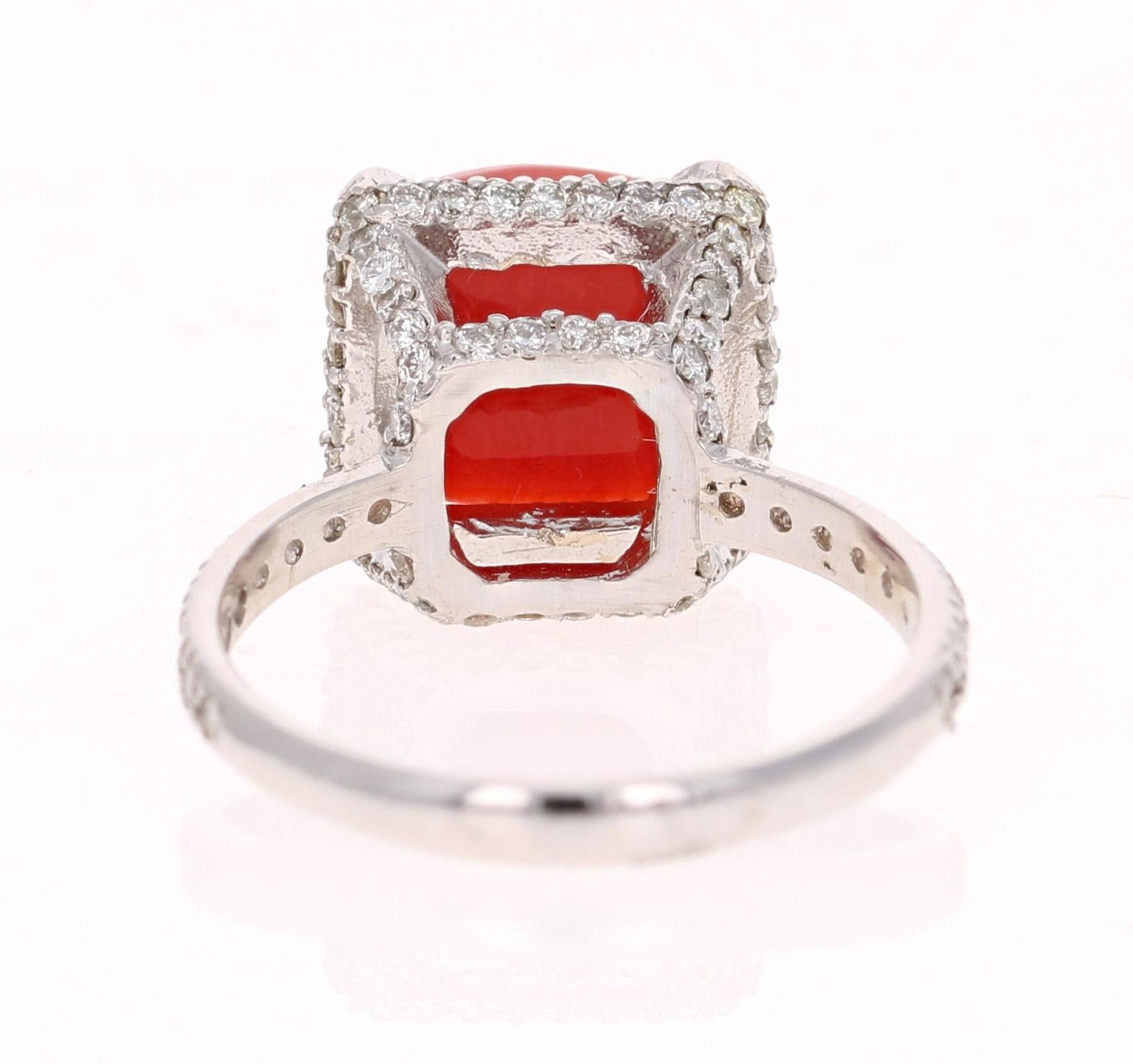 Cushion Cut 3.90 Carat Coral Diamond 14 Karat White Gold Statement Ring For Sale