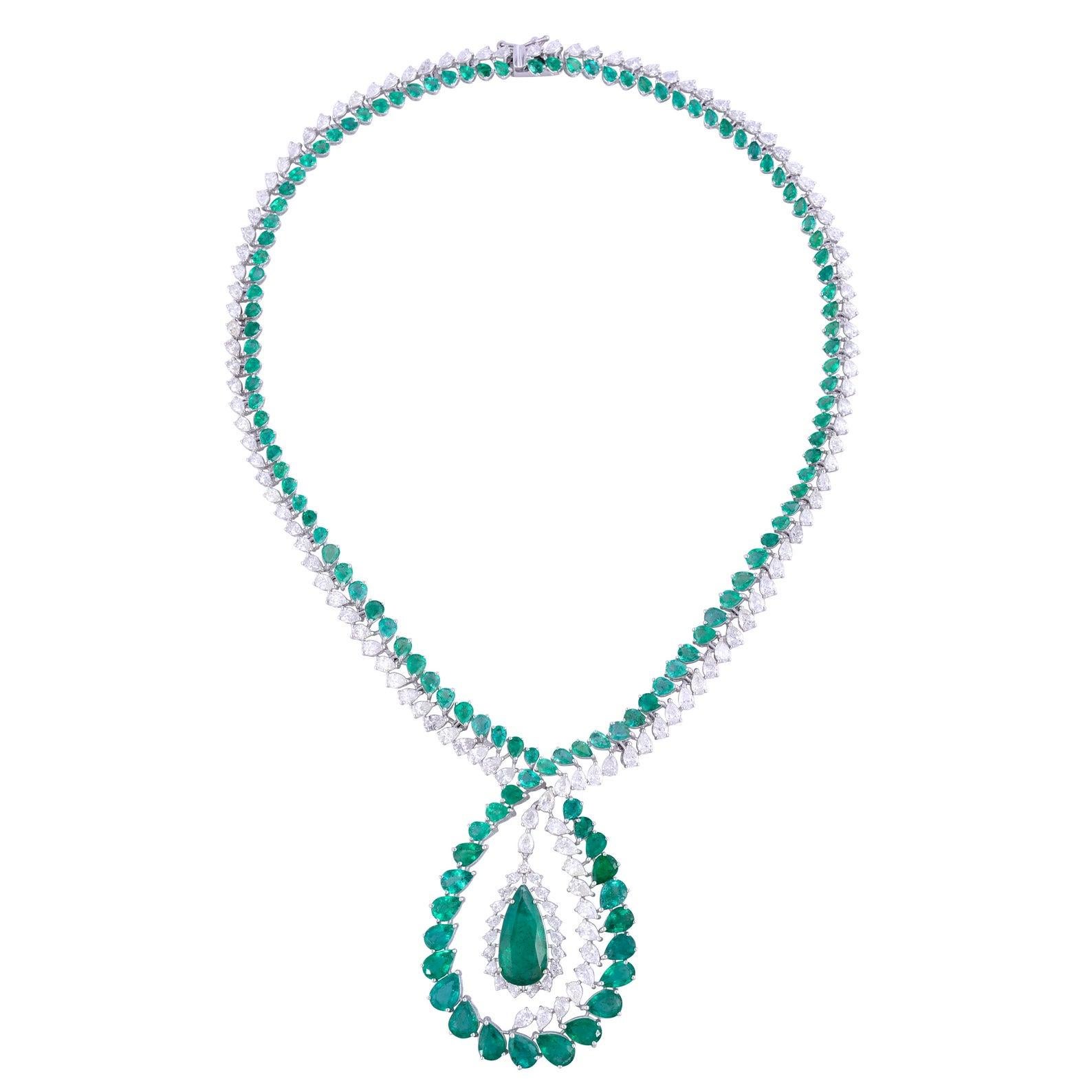 Mixed Cut 39.0 Carat Emerald 14 Karat Gold Diamond Necklace For Sale