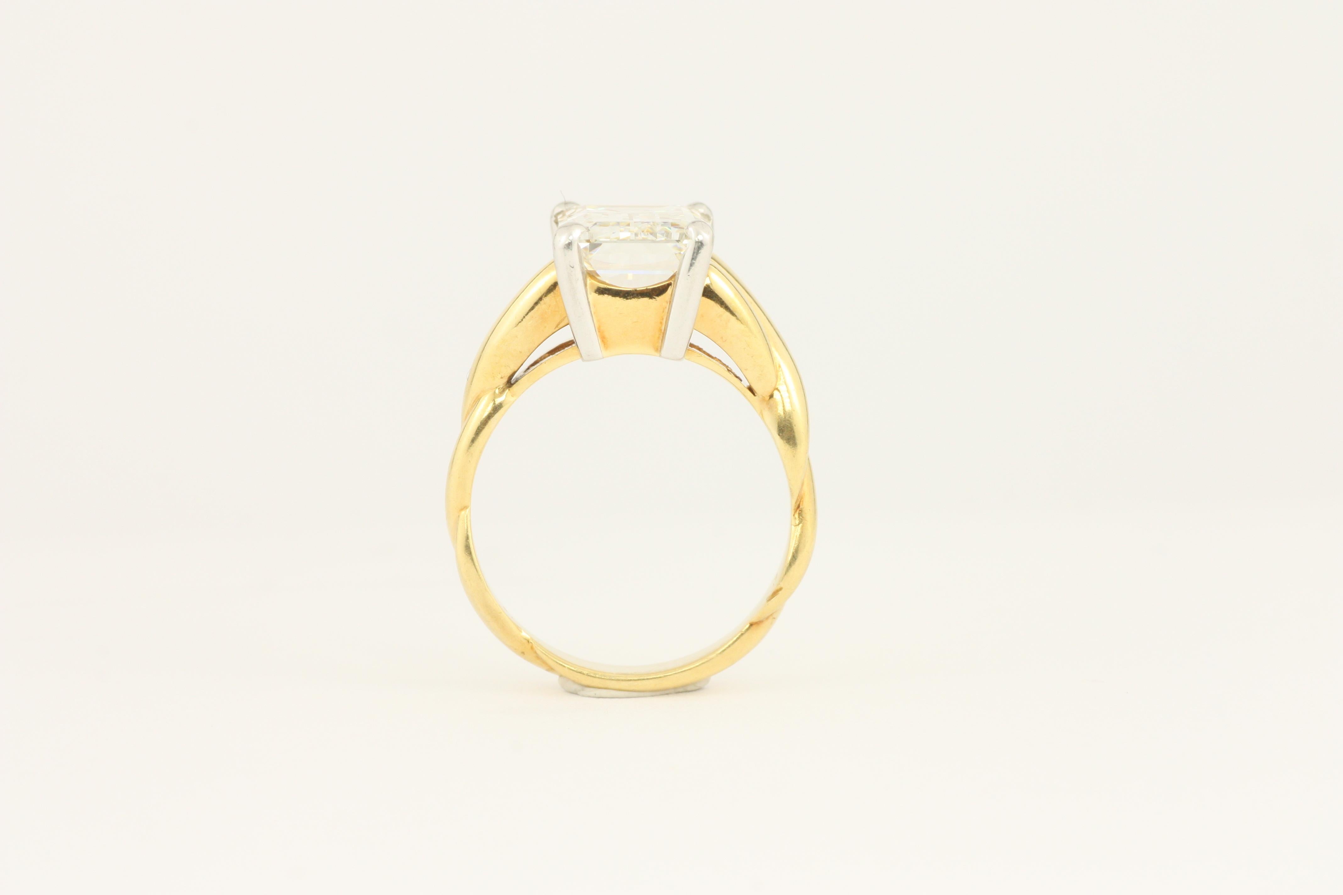 3.90 Carat Emerald Cut Diamond 18 Karat Yellow Gold and Platinum Engagement Ring For Sale 7