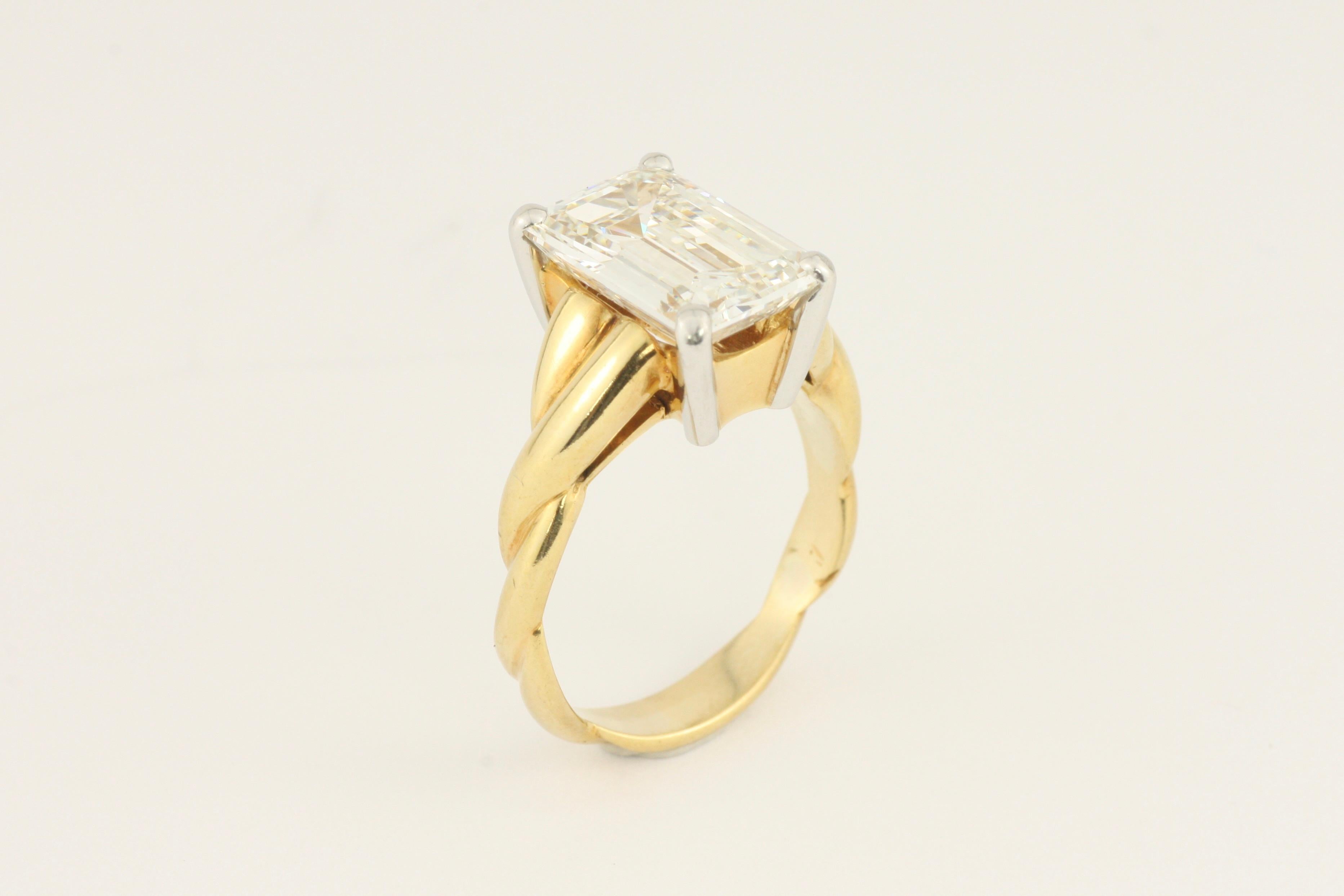 3.90 Carat Emerald Cut Diamond 18 Karat Yellow Gold and Platinum Engagement Ring In Excellent Condition For Sale In Venice, CA