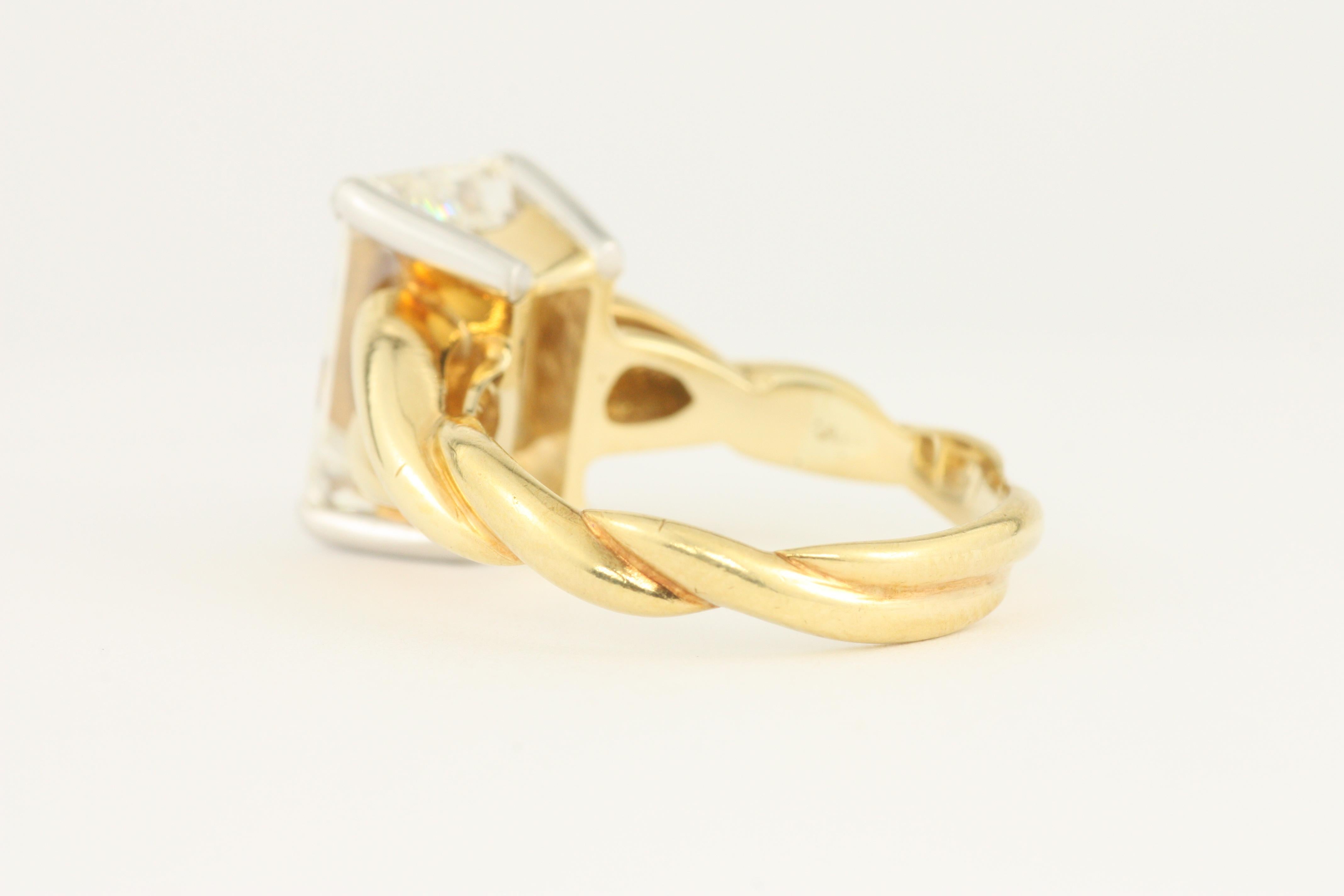 3.90 Carat Emerald Cut Diamond 18 Karat Yellow Gold and Platinum Engagement Ring For Sale 3
