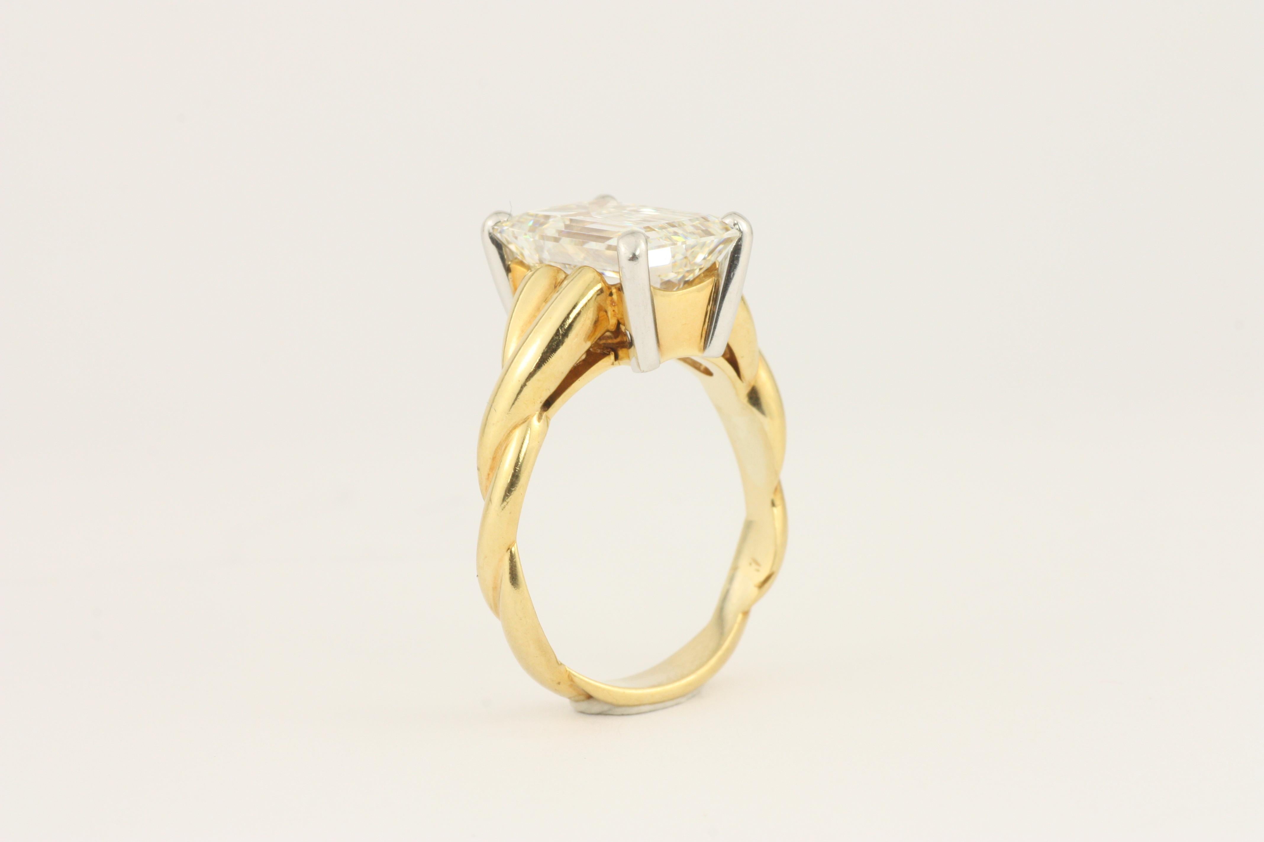 3.90 Carat Emerald Cut Diamond 18 Karat Yellow Gold and Platinum Engagement Ring For Sale 5