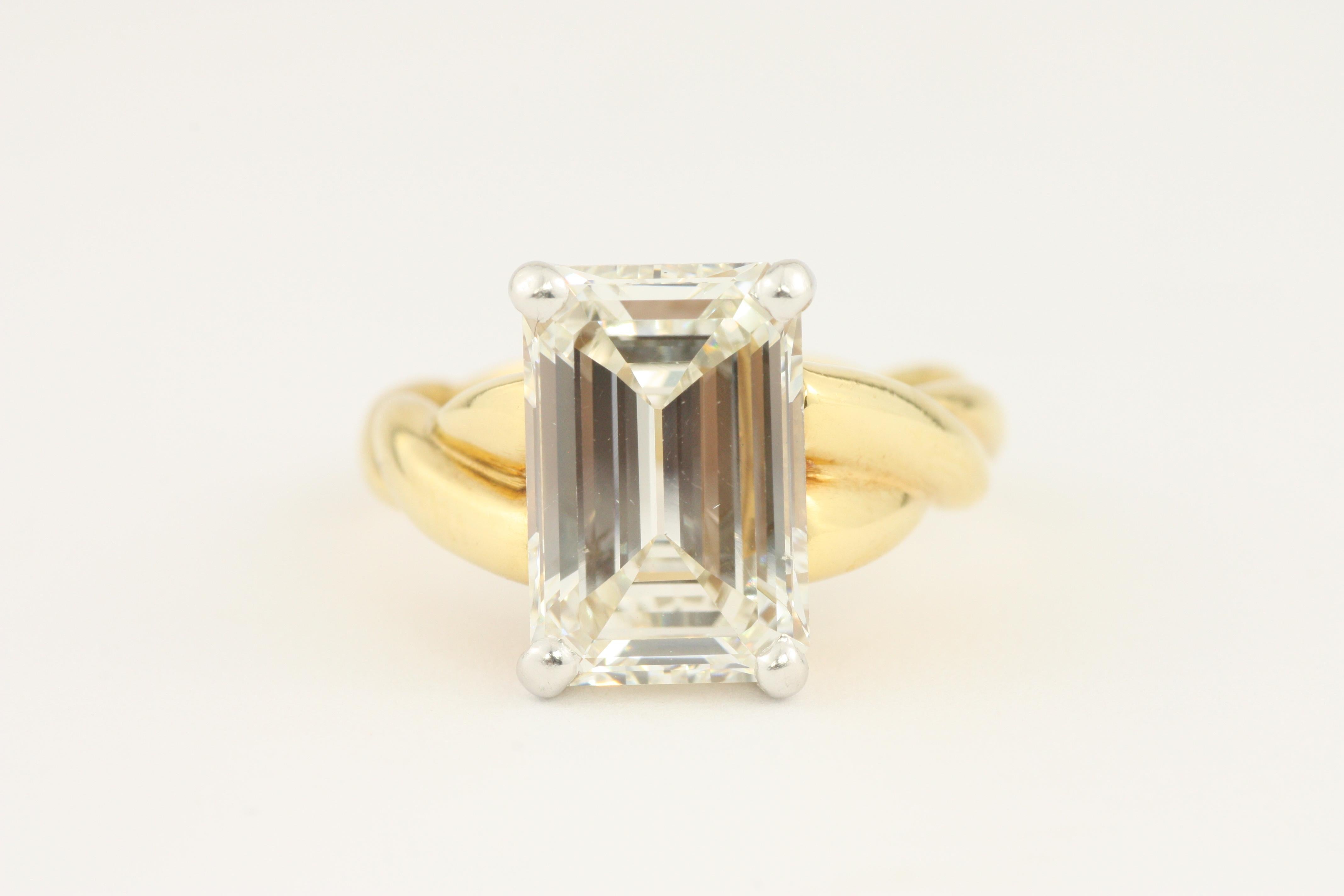 3.90 Carat Emerald Cut Diamond 18 Karat Yellow Gold and Platinum Engagement Ring For Sale 6