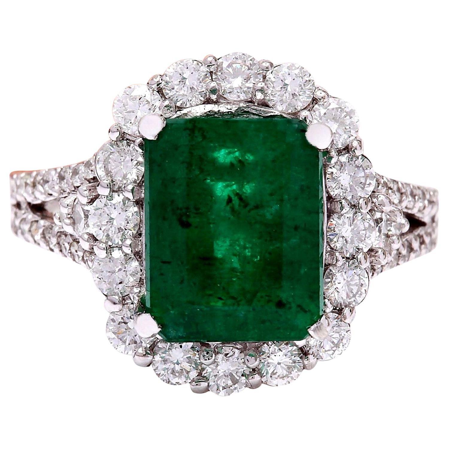 Emerald Diamond Ring In 14 Karat Solid White Gold  For Sale