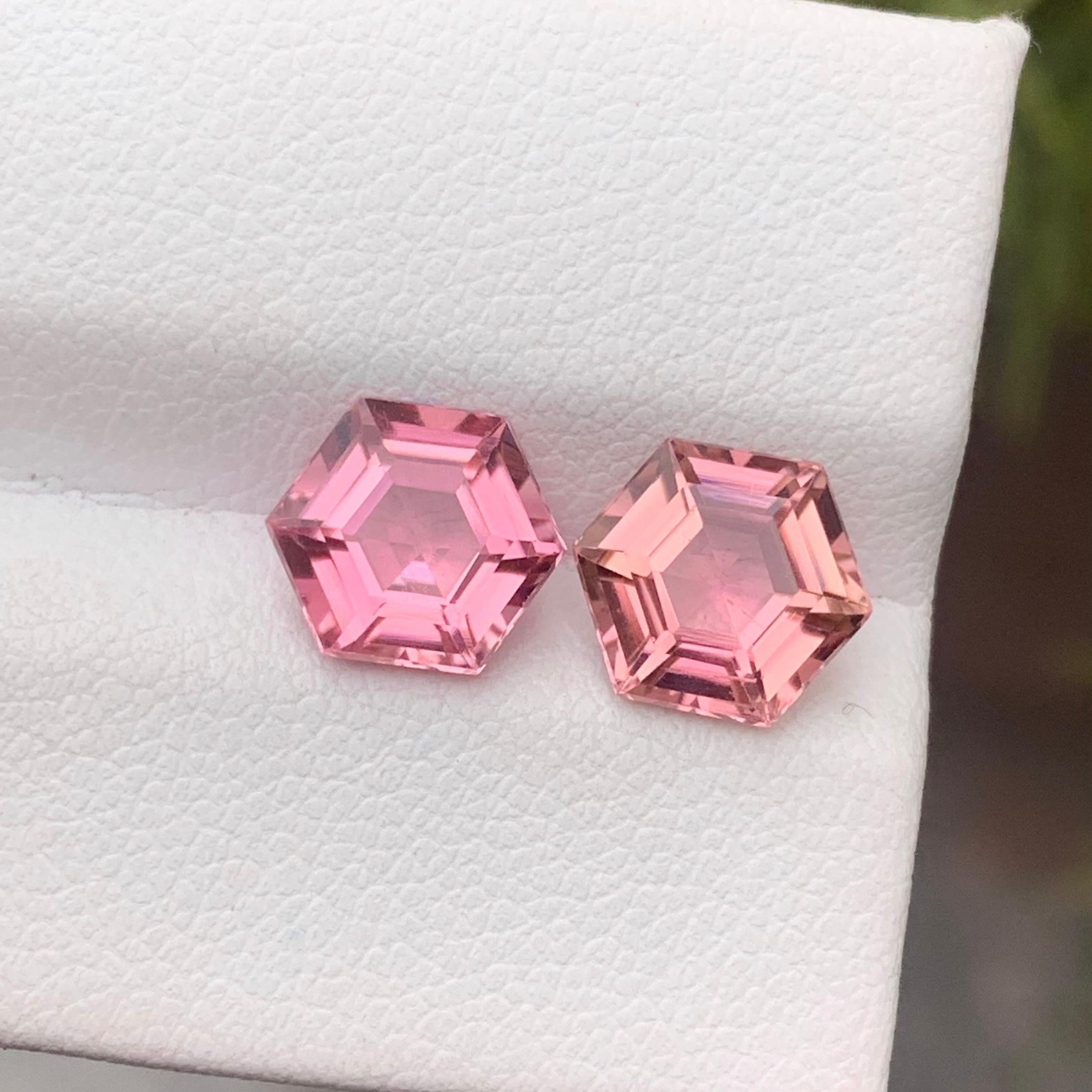 Aesthetic Movement 3.90 Carat Natural Loose Pink Tourmaline Gemstone Pairs Hexagon Cut for Earrings For Sale