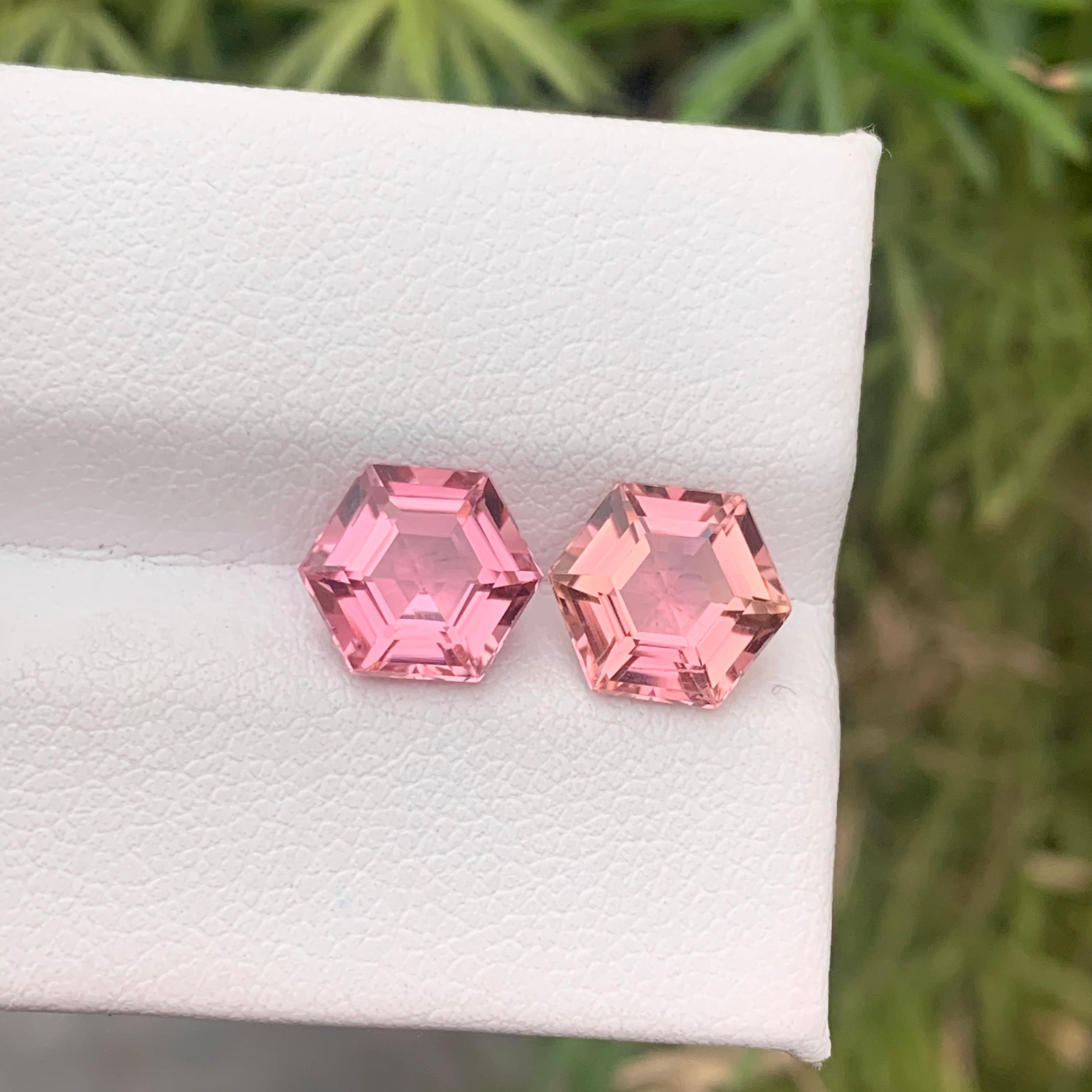 Women's or Men's 3.90 Carat Natural Loose Pink Tourmaline Gemstone Pairs Hexagon Cut for Earrings For Sale