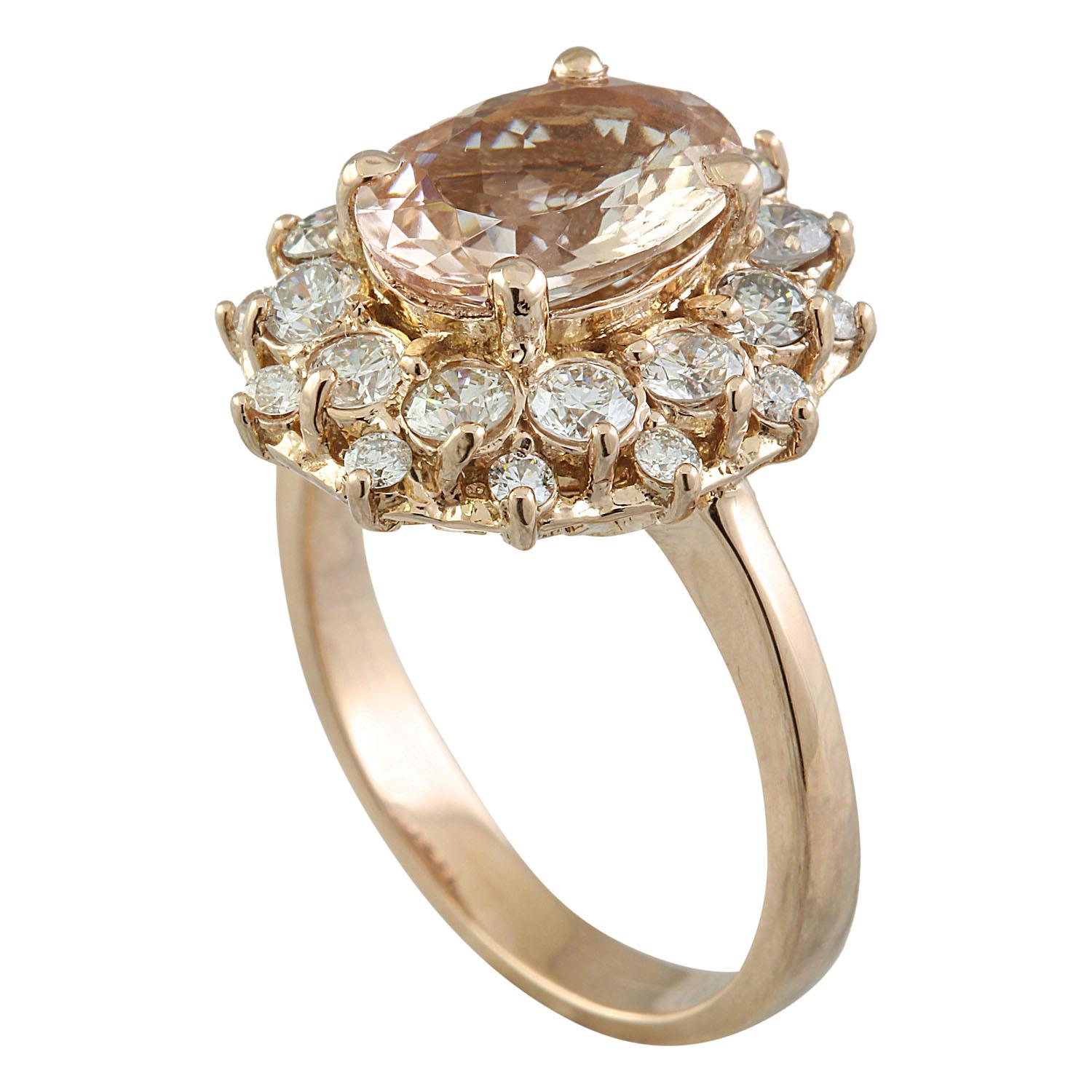 3.90 Carat Natural Morganite 14 Karat Solid Rose Gold Diamond Ring
Stamped: 14K 
Ring Size: 7 
Total Ring Weight: 6.2 Grams 
Morganite Weight: 2.80 Carat (10.00x8.00 Millimeter) 
Diamond Weight: 1.10 Carat (F-G Color, VS2-SI1 Clarity) 
Face