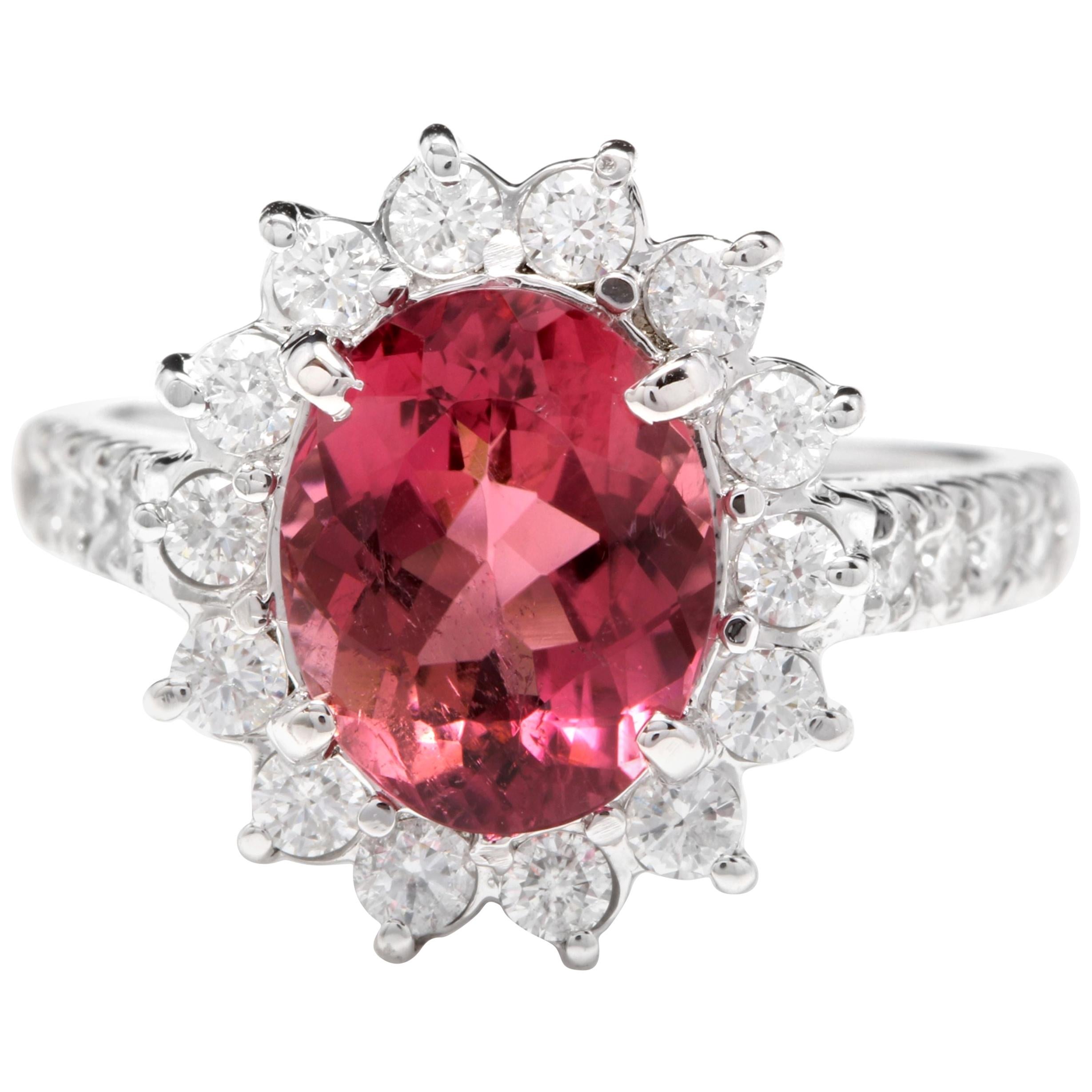 3.90 Carat Natural Tourmaline and Diamond 14 Karat Solid White Gold Ring For Sale