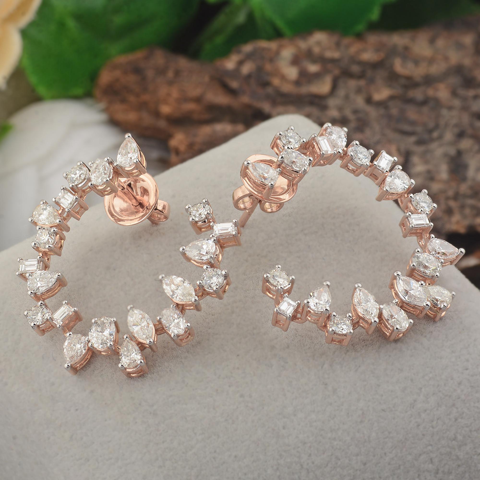 Modern 3.90 Carat Pear Baguette Diamond Earrings Solid 18k Rose Gold Handmade Jewelry For Sale