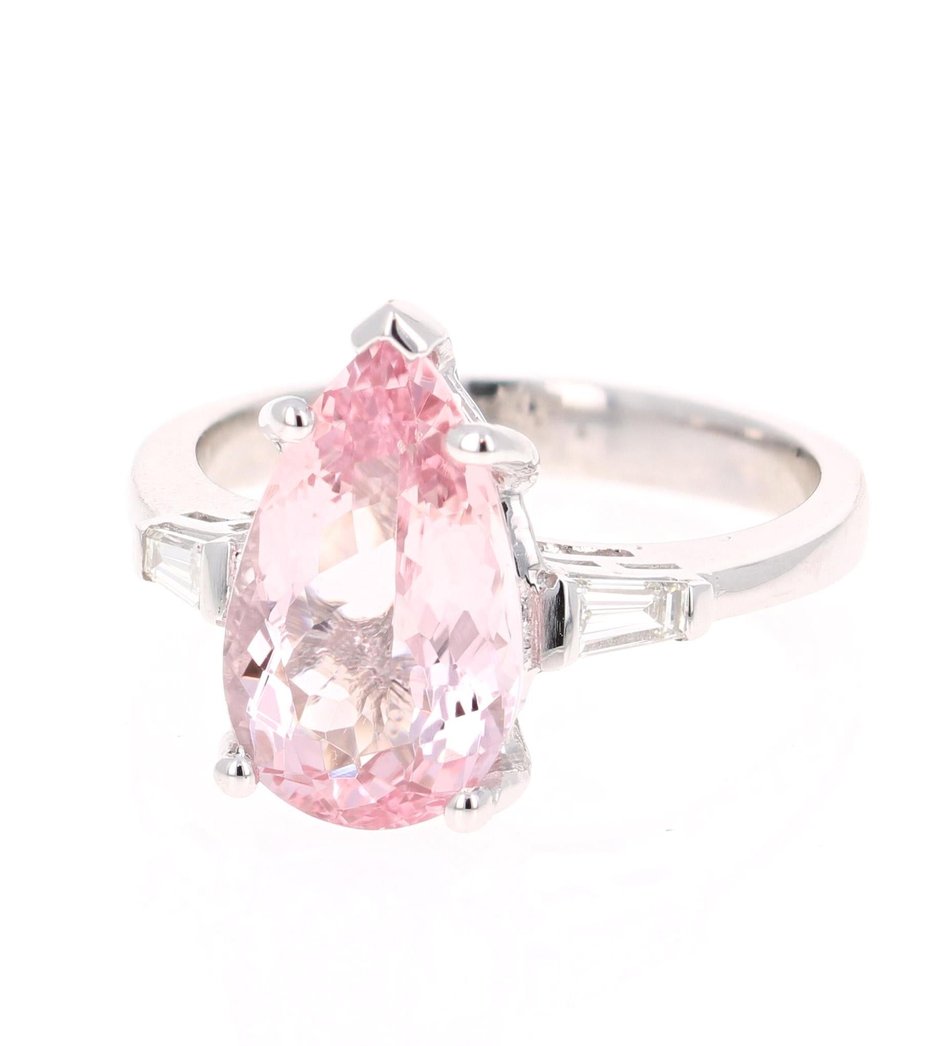 Modern 3.90 Carat Pear Cut Pink Morganite Diamond 14 Karat White Gold Engagement Ring