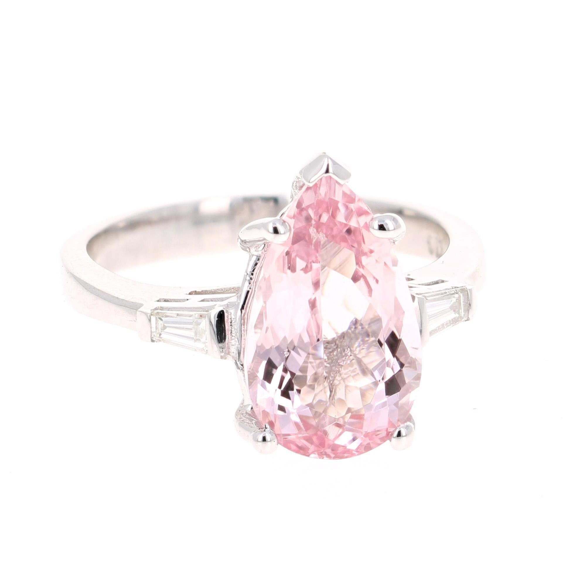 3.90 Carat Pear Cut Pink Morganite Diamond 14 Karat White Gold Engagement Ring In New Condition In Los Angeles, CA