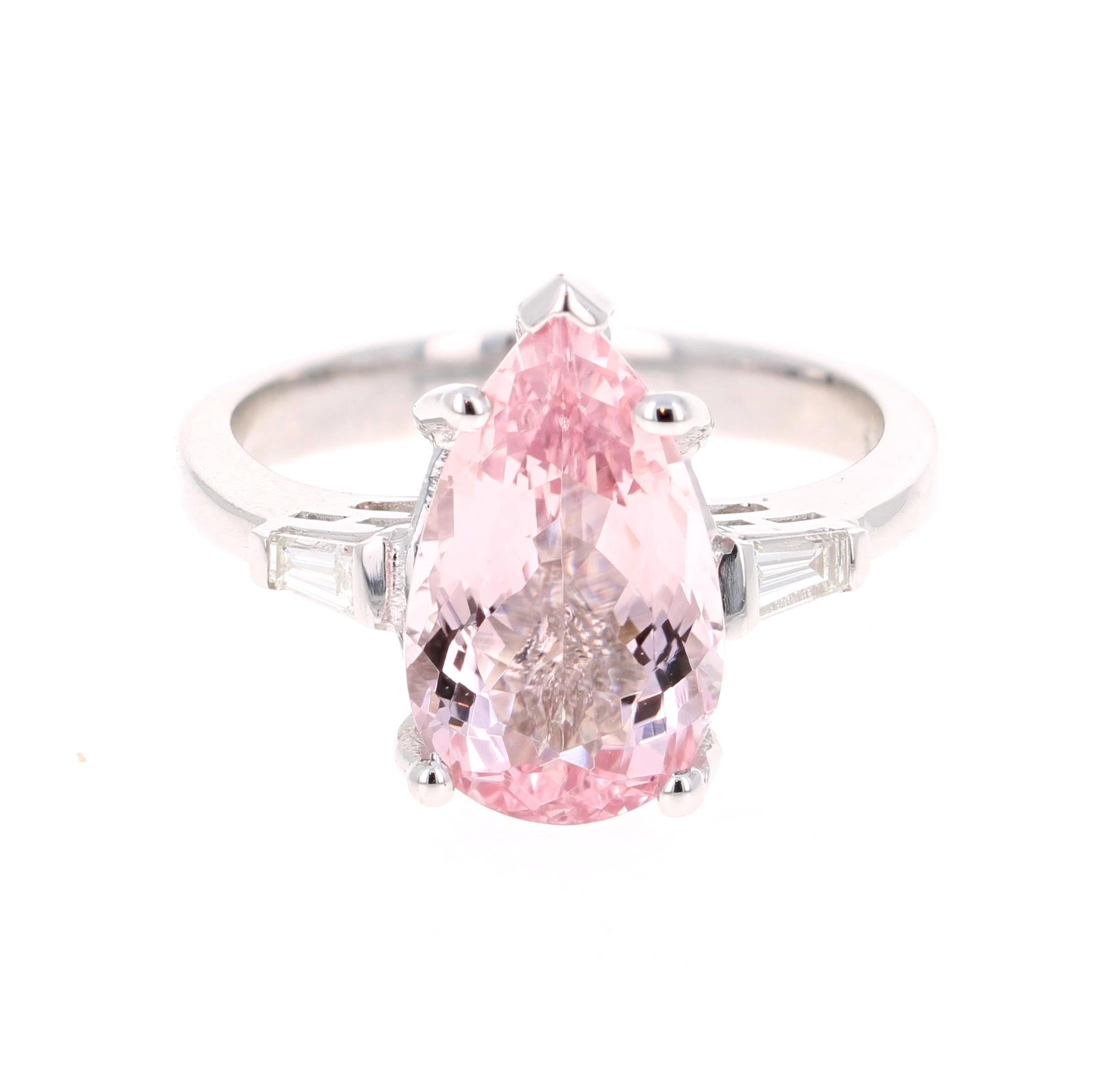 Women's 3.90 Carat Pear Cut Pink Morganite Diamond 14 Karat White Gold Engagement Ring