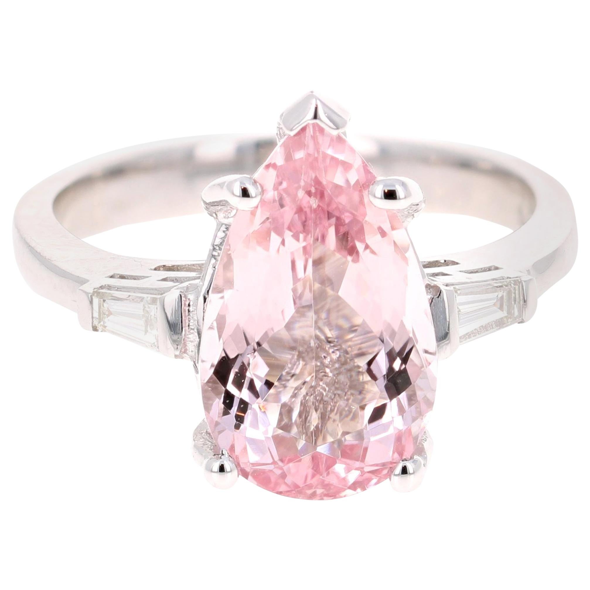 3.90 Carat Pear Cut Pink Morganite Diamond 14 Karat White Gold Engagement Ring
