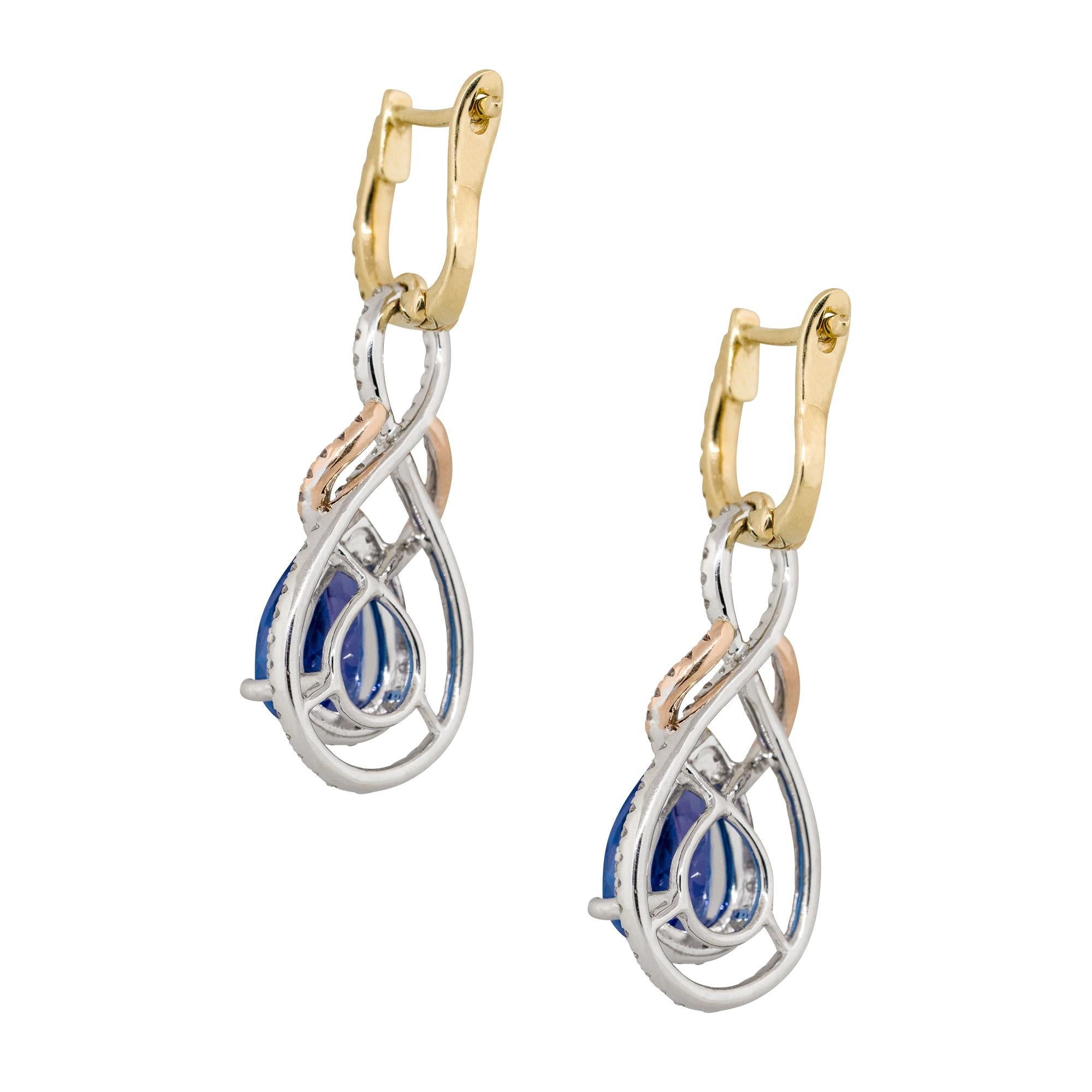3.90 Carat Pear Shape Tanzanite Diamond Drop Earrings 14 Karat in Stock In New Condition For Sale In Boca Raton, FL
