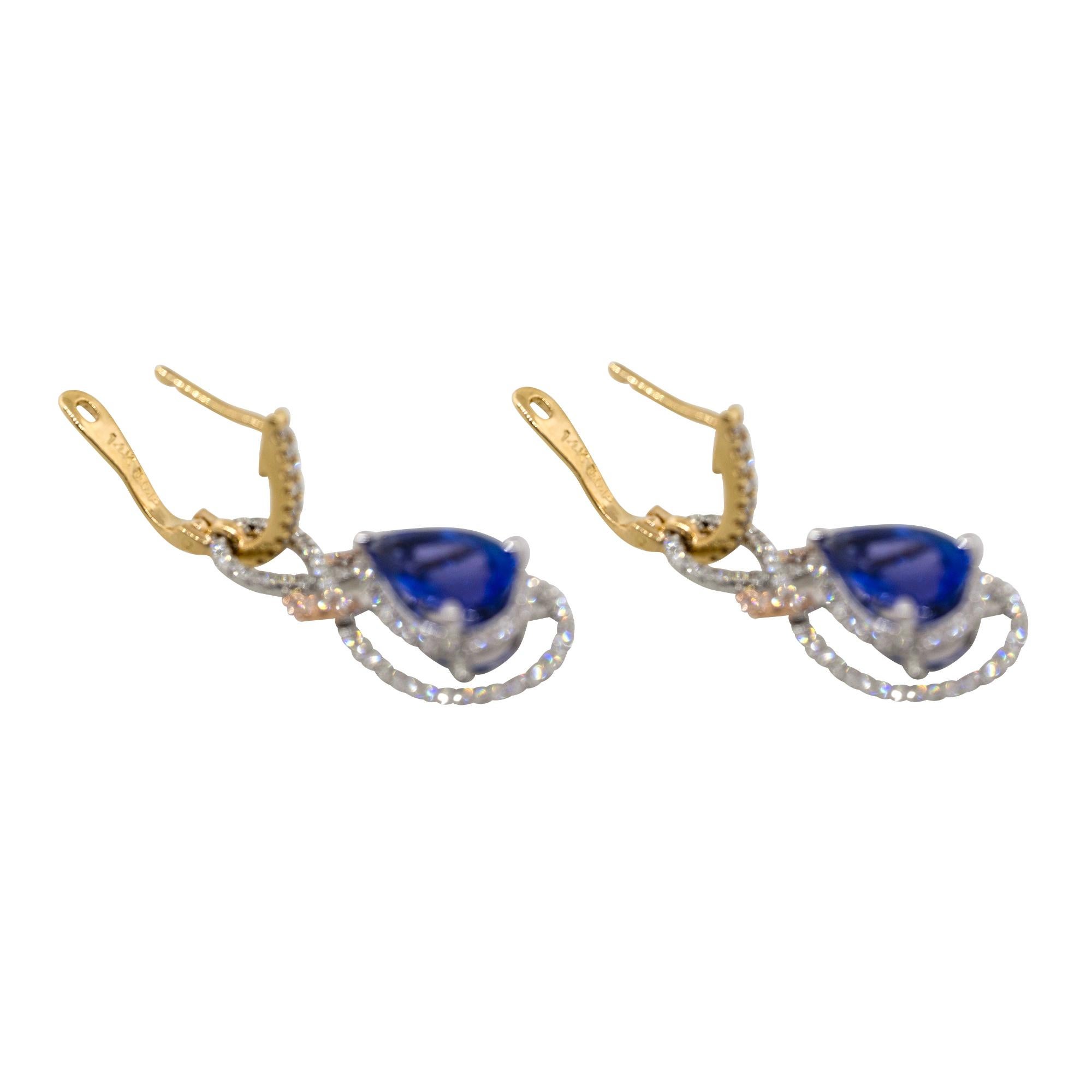 Women's 3.90 Carat Pear Shape Tanzanite Diamond Drop Earrings 14 Karat in Stock For Sale