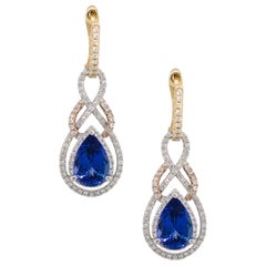 3.90 Carat Pear Shape Tanzanite Diamond Drop Earrings 14 Karat in Stock