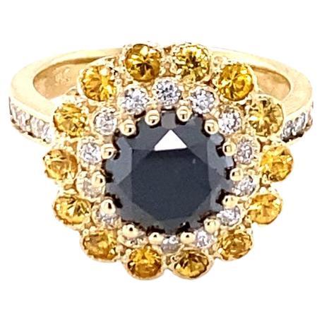 3.90 Carat Round Cut Black Diamond Sapphire Yellow Gold Engagement Ring For Sale