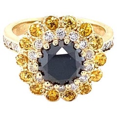 3.90 Carat Round Cut Black Diamond Sapphire Yellow Gold Engagement Ring