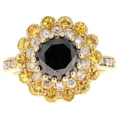 3.90 Carat Round Cut Black Diamond Sapphire Yellow Gold Engagement Ring