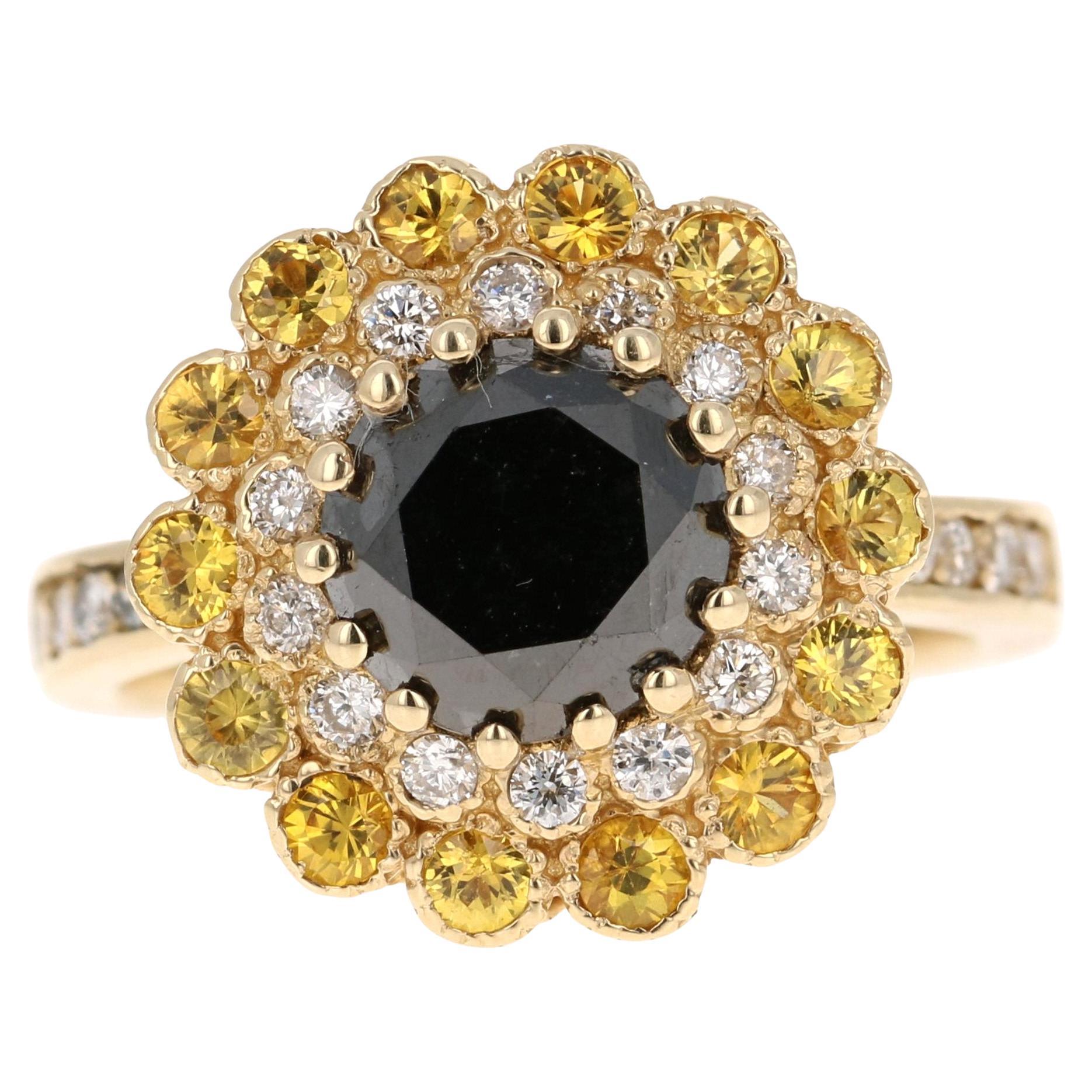 3.90 Carat Round Cut Black Diamond Sapphire Yellow Gold Engagement Ring