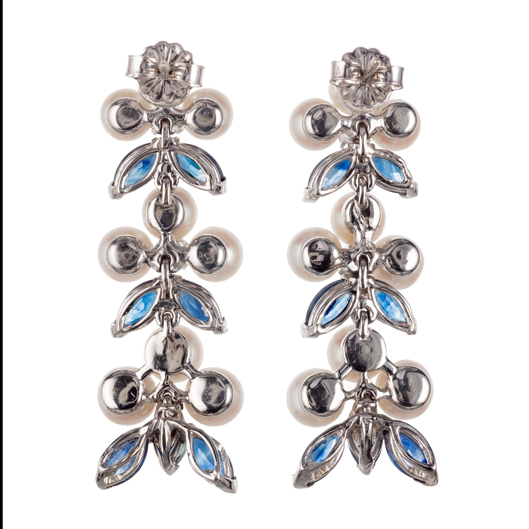 Marquise Cut 3.90 Carat Sapphire Diamond Pearl White Gold Dangle Drop Earrings