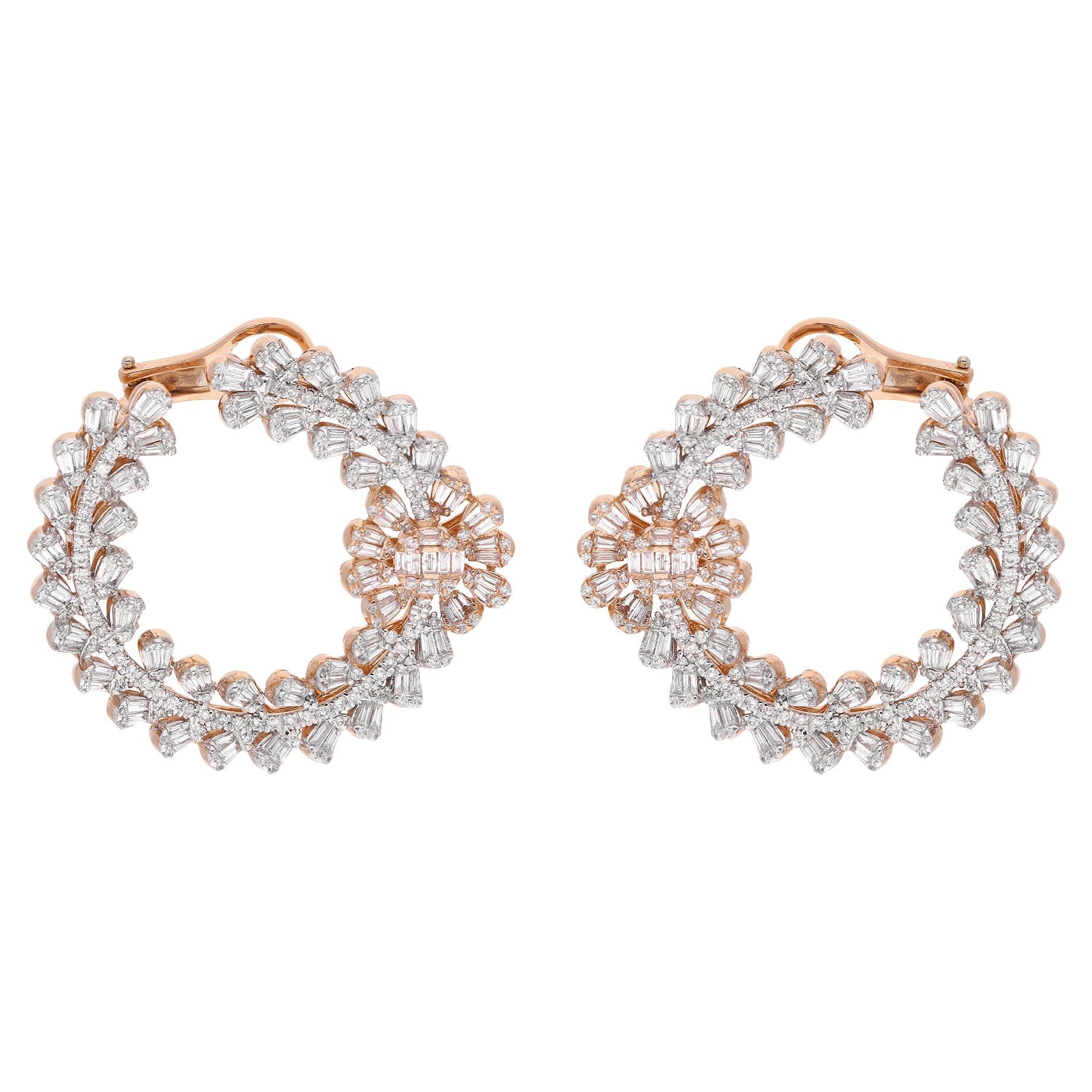 3.90 Carat SI/HI Baguette Round Diamond Hoop Earrings 18 Karat White Rose Gold For Sale