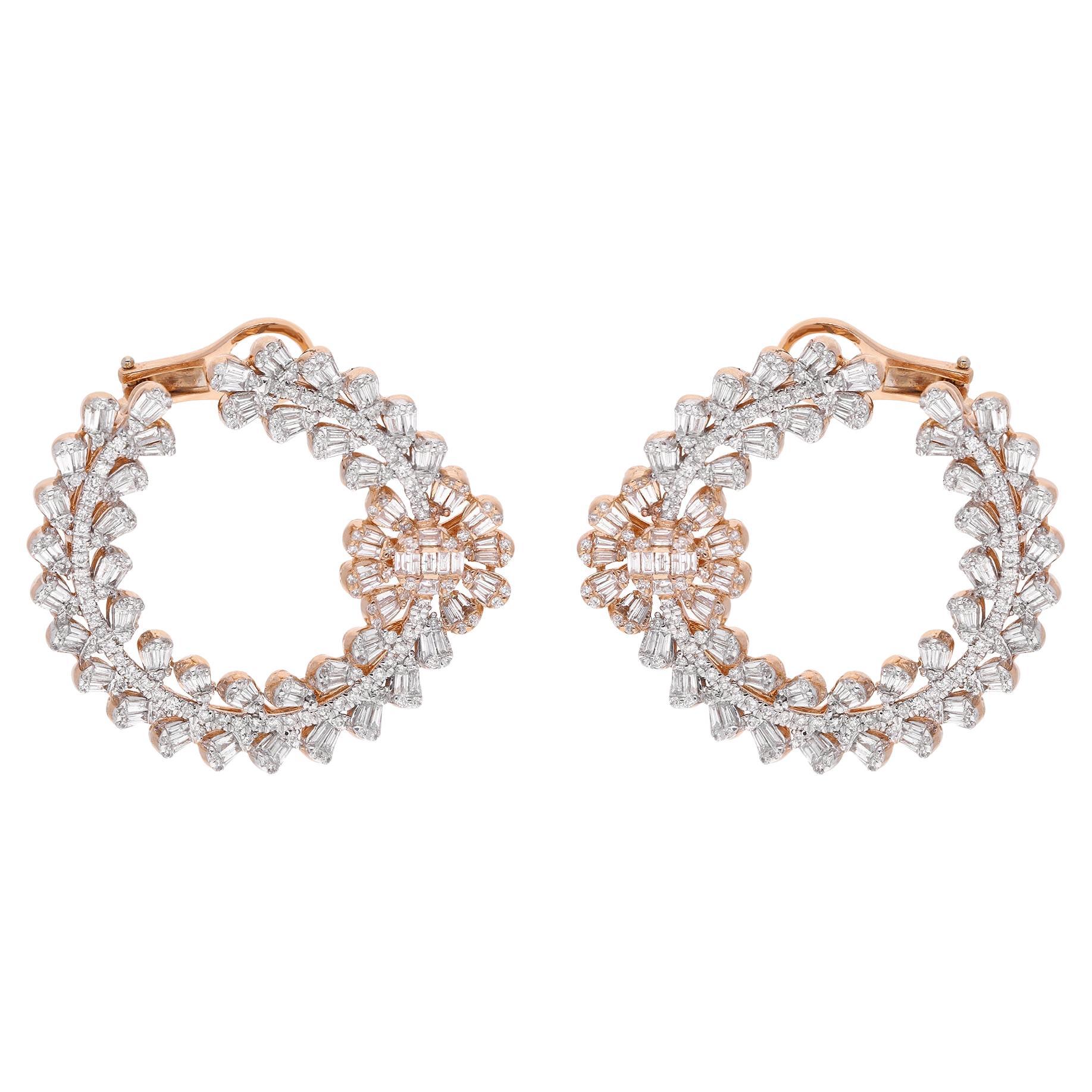 Orecchini a cerchio con diamanti tondi baguette da 3,90 carati SI/HI Oro rosa bianco 18 carati