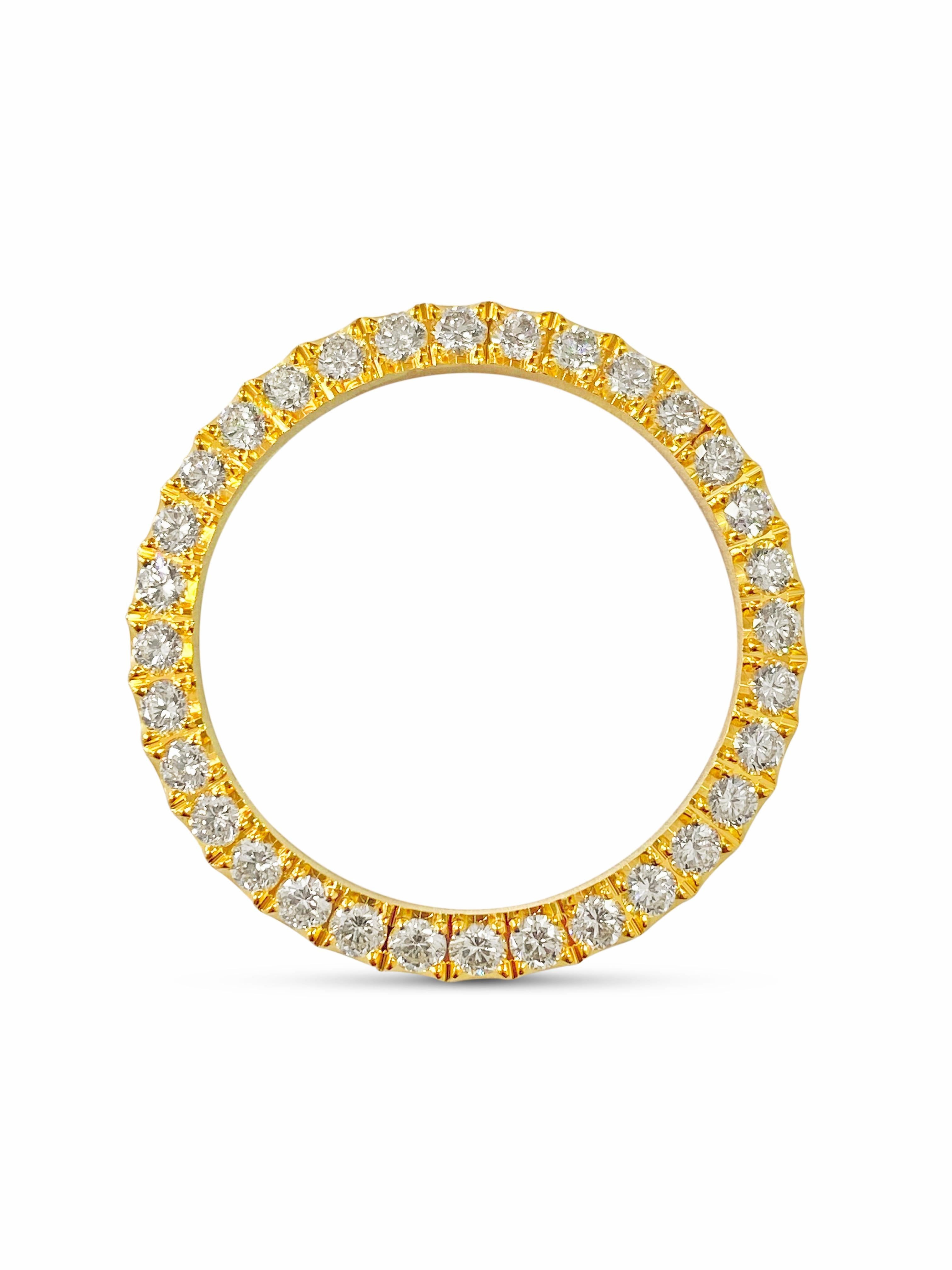 Metal: 14k yellow gold. 

Diamonds: 3.90cwt. 
VVS clarity and H color. 
Round brilliant cut diamonds. 100% natural earth mined diamonds. 

36mm watch bezel. Perfect for Rolex Datejust Oyster Perpetual. 
