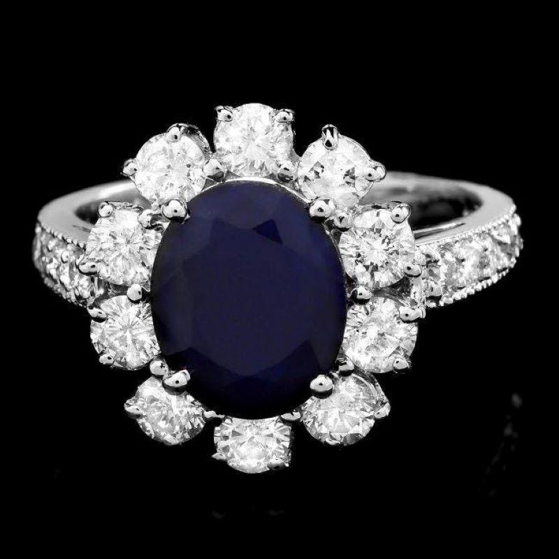Mixed Cut 3.90 Carats Natural Blue Sapphire and Diamond 14K Solid White Gold Ring For Sale