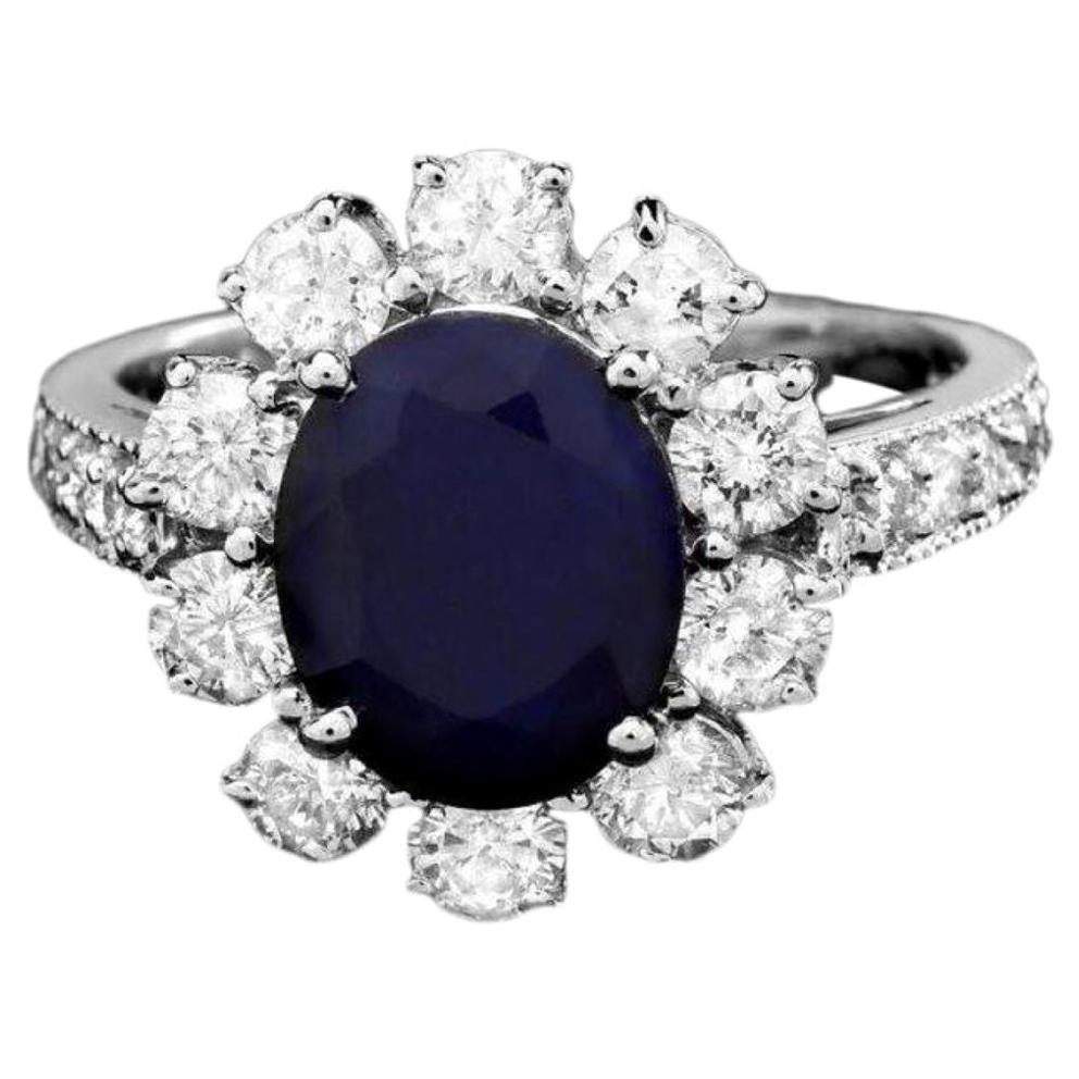 14 Karat massiver Weißgold Ring mit 3,90 Karat natürlichem blauen Saphir und Diamant